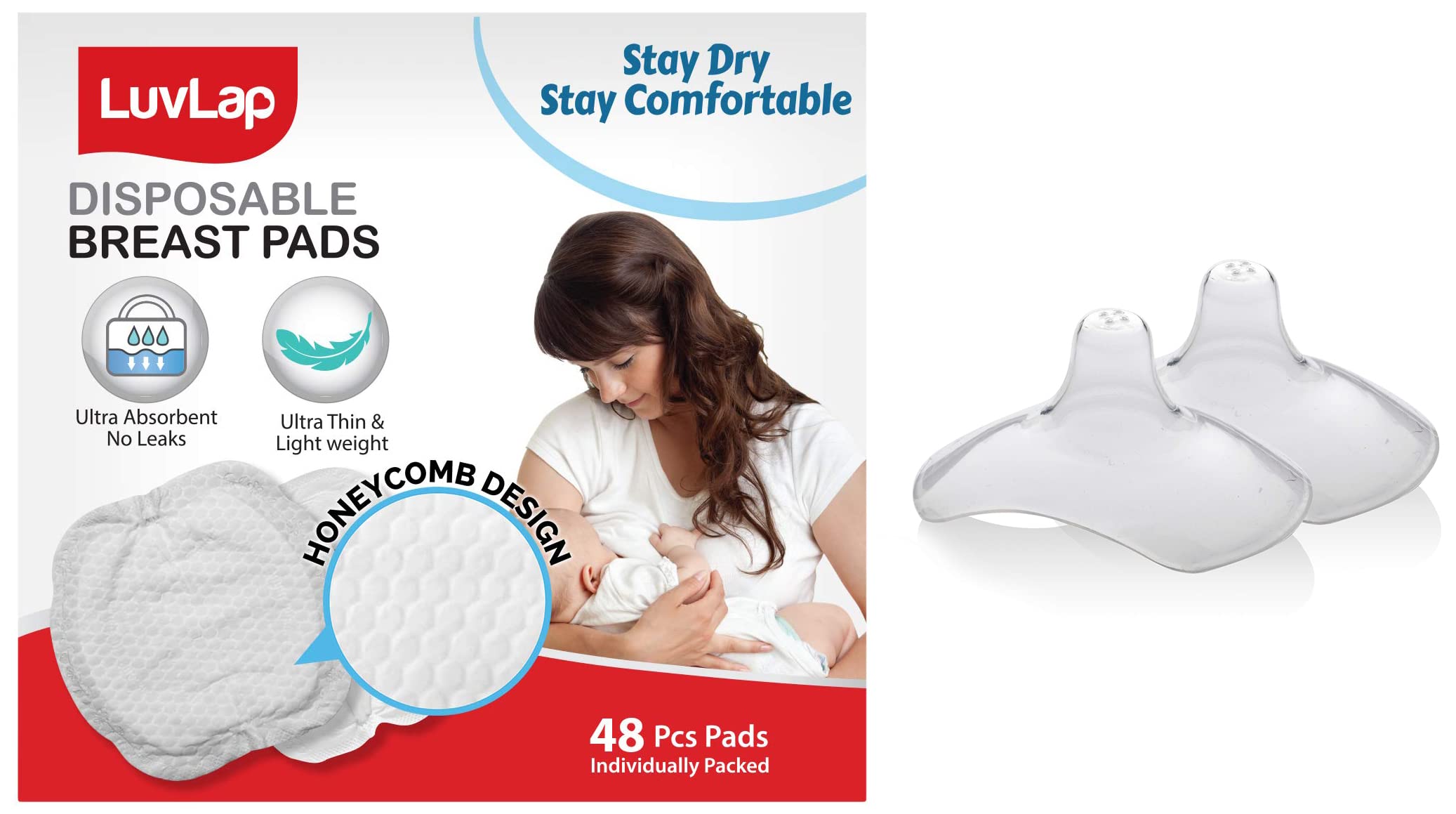 LuvLap Ultra Thin Honeycomb Nursing Breast Pads, 48pcs, Disposable, High Absorbent, Discreet Fit & LuvLap Silicone Nipple Protector/Shield for Breast Feeding Mothers, with Storage case