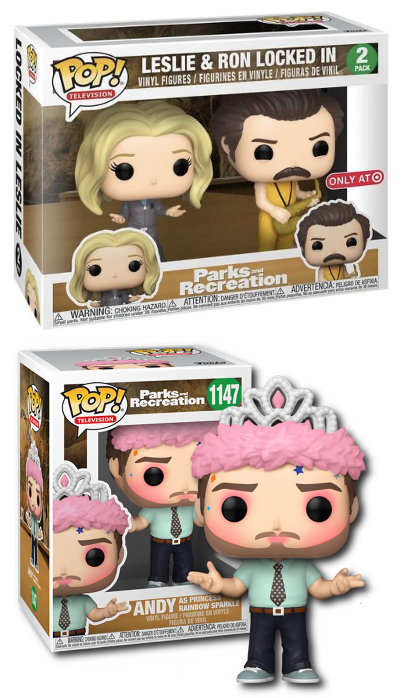 Party Hats + Jazz Parks and Recreation Exclusive Bundle: Pop TV Andy As Princess Rainbow Sparkle #1147 + Exclusive 2 Pack Lesile + Ron Locked in (3 Pops!)