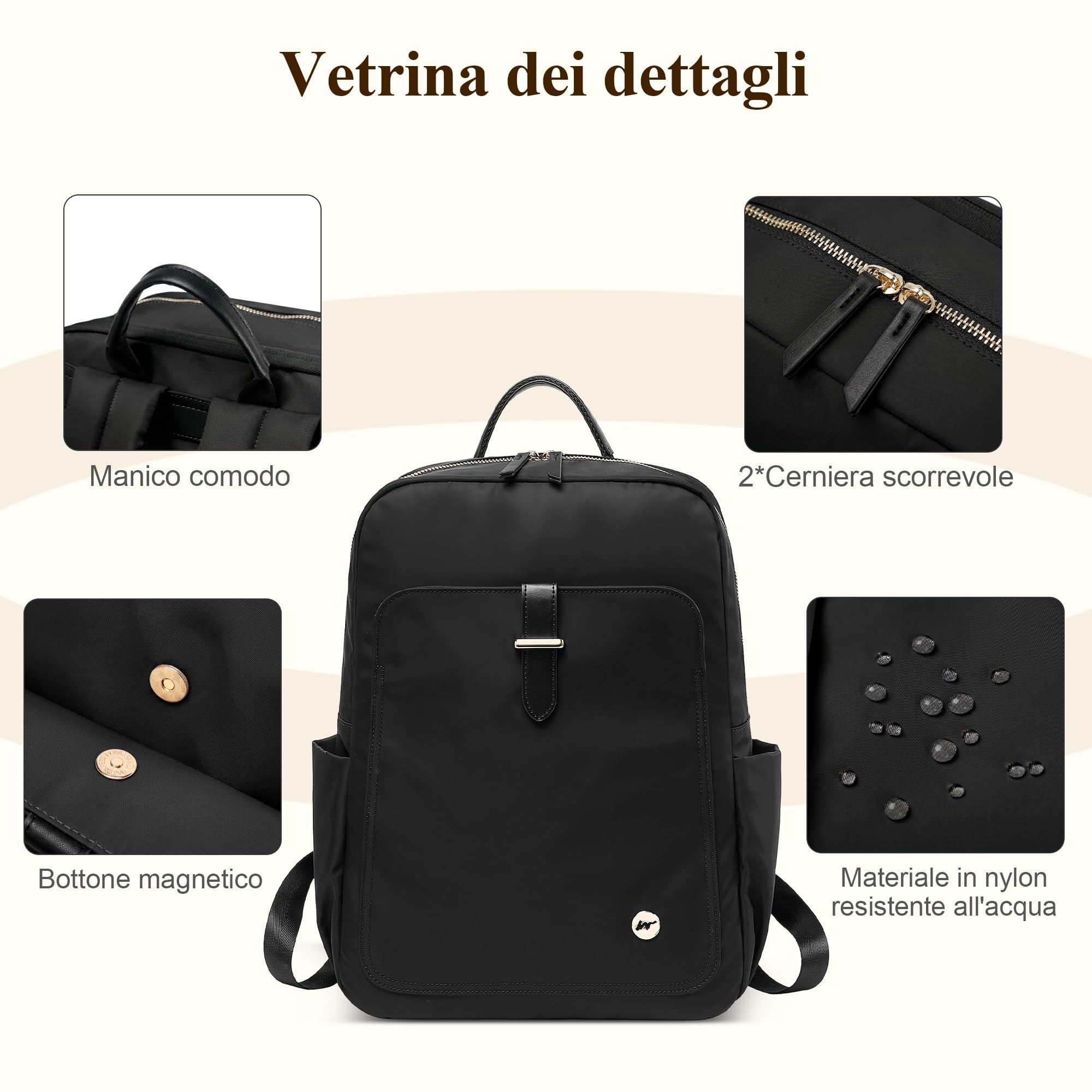 Zaino Semplice Donna Elegante Zaino Antifurto per 15,6 Pollici Laptop con Maniglia Borsa del College Casuale Viaggio Vacanza Quotidiano Impermeabile Nylon Donna Borse da Scuola Nero