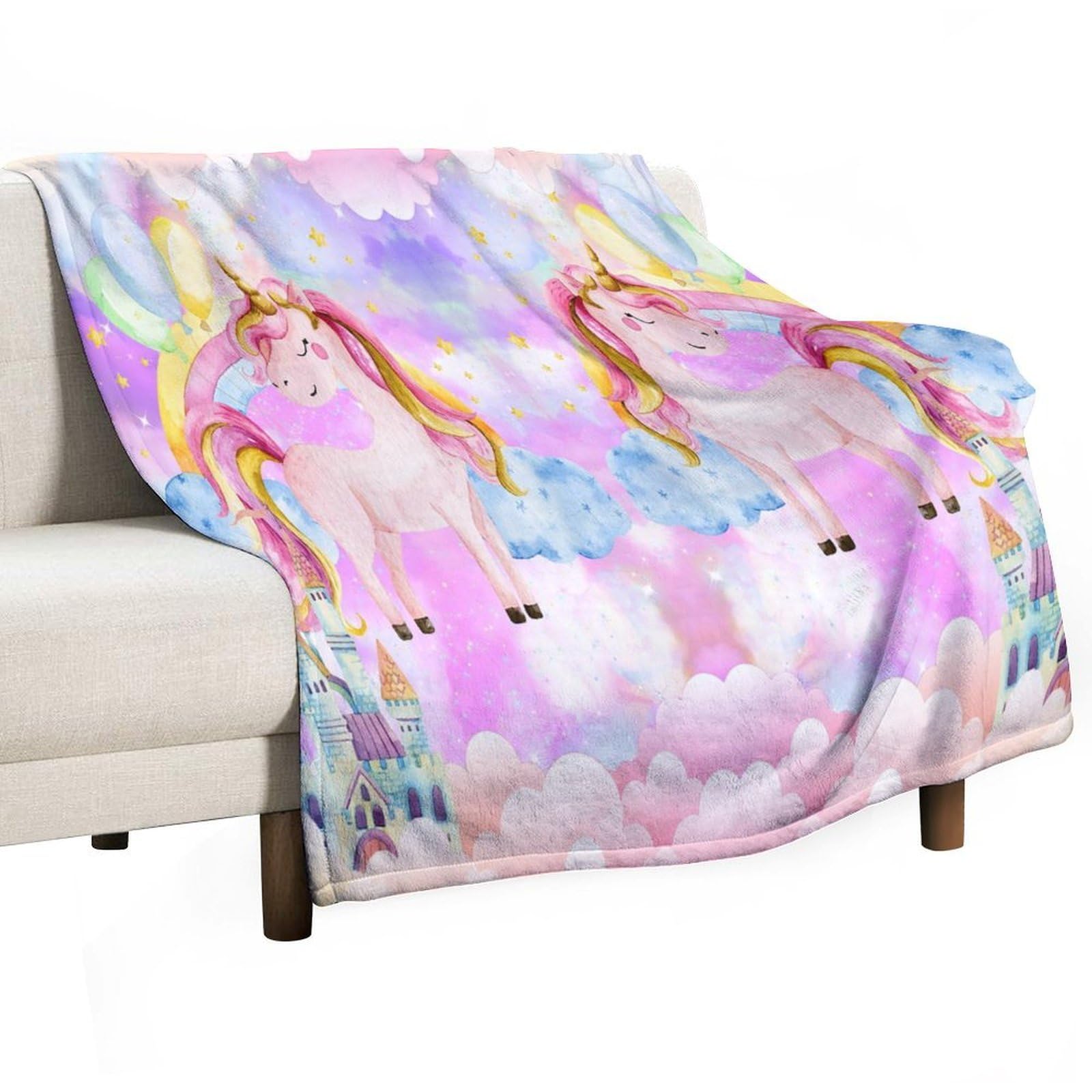 BenYaSong Unicorn Blanket Watercolor Small Unicorn on Cloud Among Stars on Rainbow Decor Bedding Blanket Gifts for Boys Girls Kids Adult Men Women 40"x50"