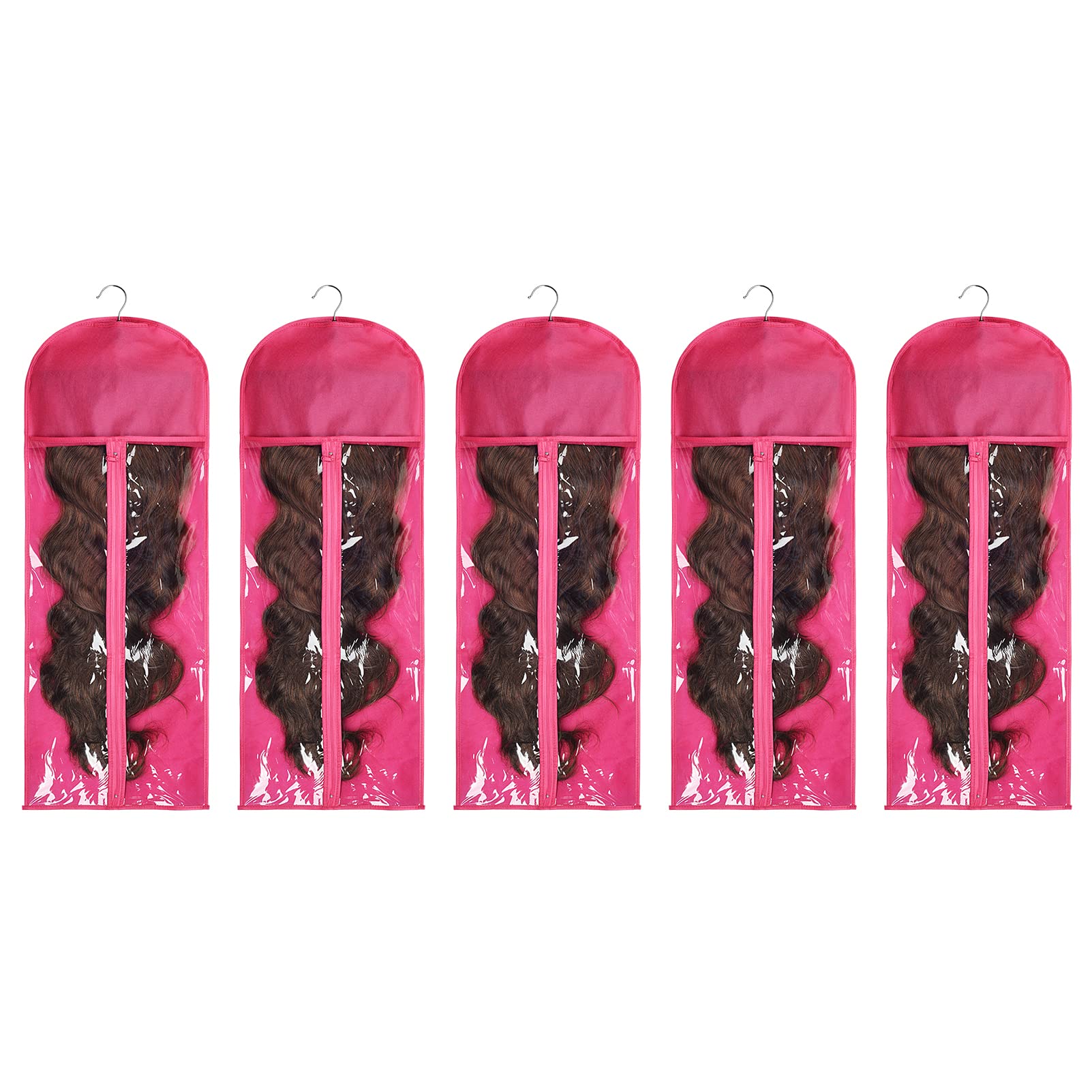 5 x Extra lange Haarverlängerung Verpackungsbeutel (Roserot) | Staubdicht Perücke Aufbewahrungstasche mit Kleiderbügel Set