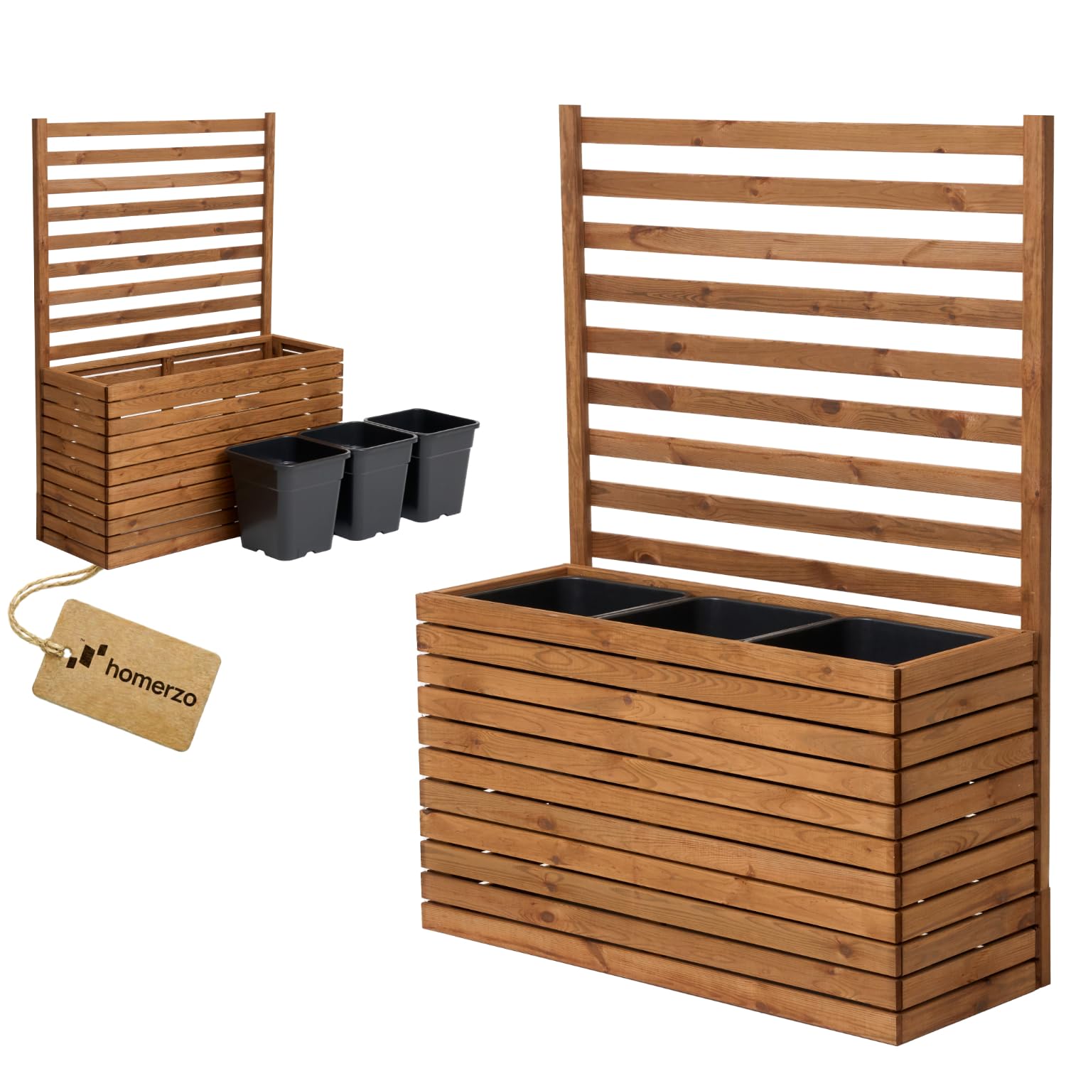 Vaso per piante con traliccio con fioriera, in legno, per giardino, balcone, terrazza, aiuola rialzata con inserto in plastica da 18 l (marrone orizzontale, 98 x 36 x 55 cm, H130)