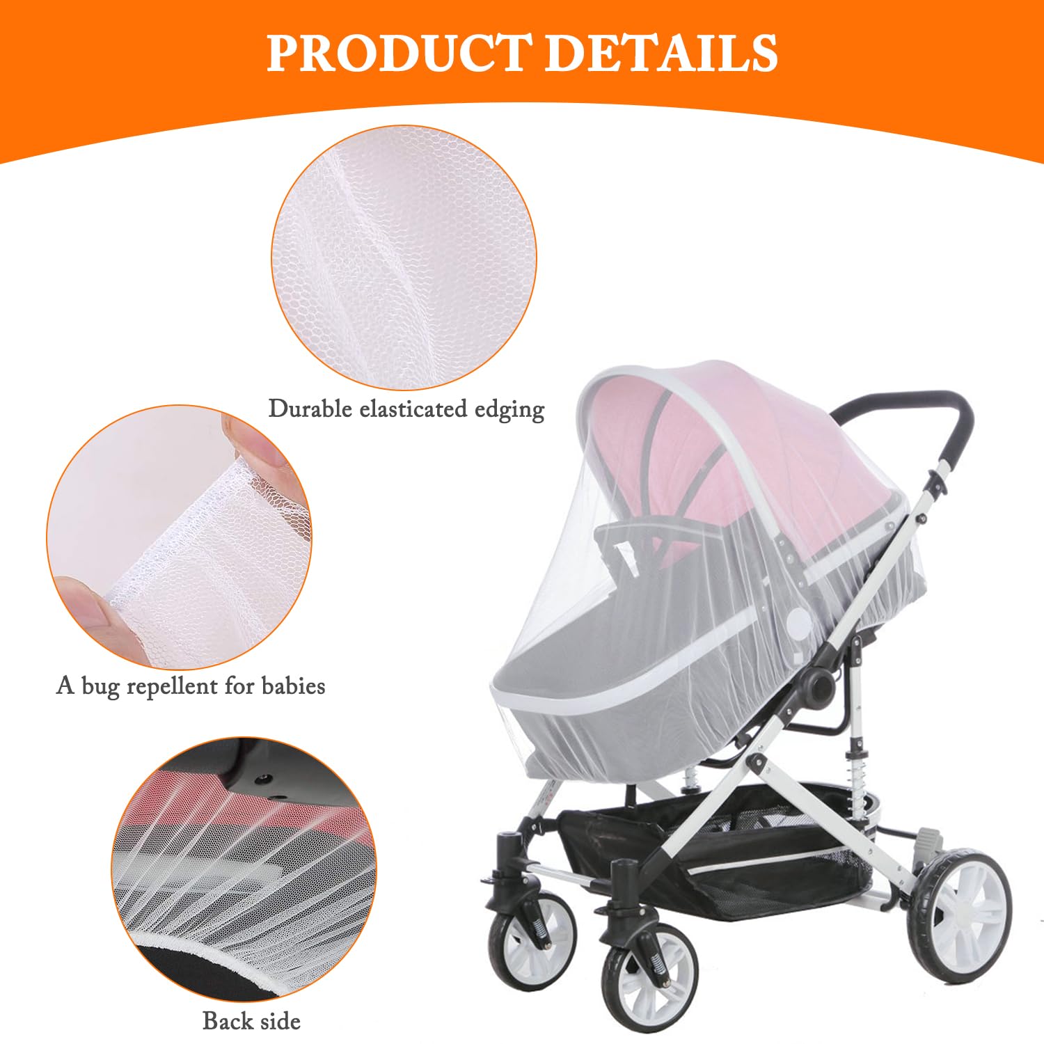 2 Pcs Baby Mosquito Net for Pushchair, Baby Infant Fly Insect Net, Baby Mosquito Net for Stroller, Universal, Washable Mosquito Net Cover, for Baby Carrycots and Travel Cribs Suitable (White) - Image 3