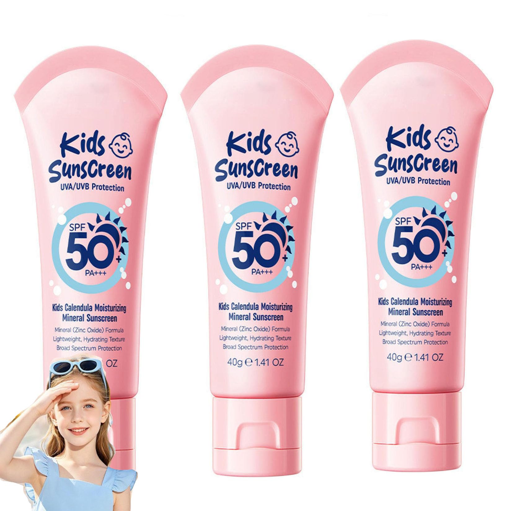 Kids Sun Cream with Calendula, SPF50+ Water-Resistant, Non-Greasy & Fast-Absorbing, Tear-Free for Babies & Toddlers, Gentle on Sensitive SkinDaily & Outdoor Use (3PCS)