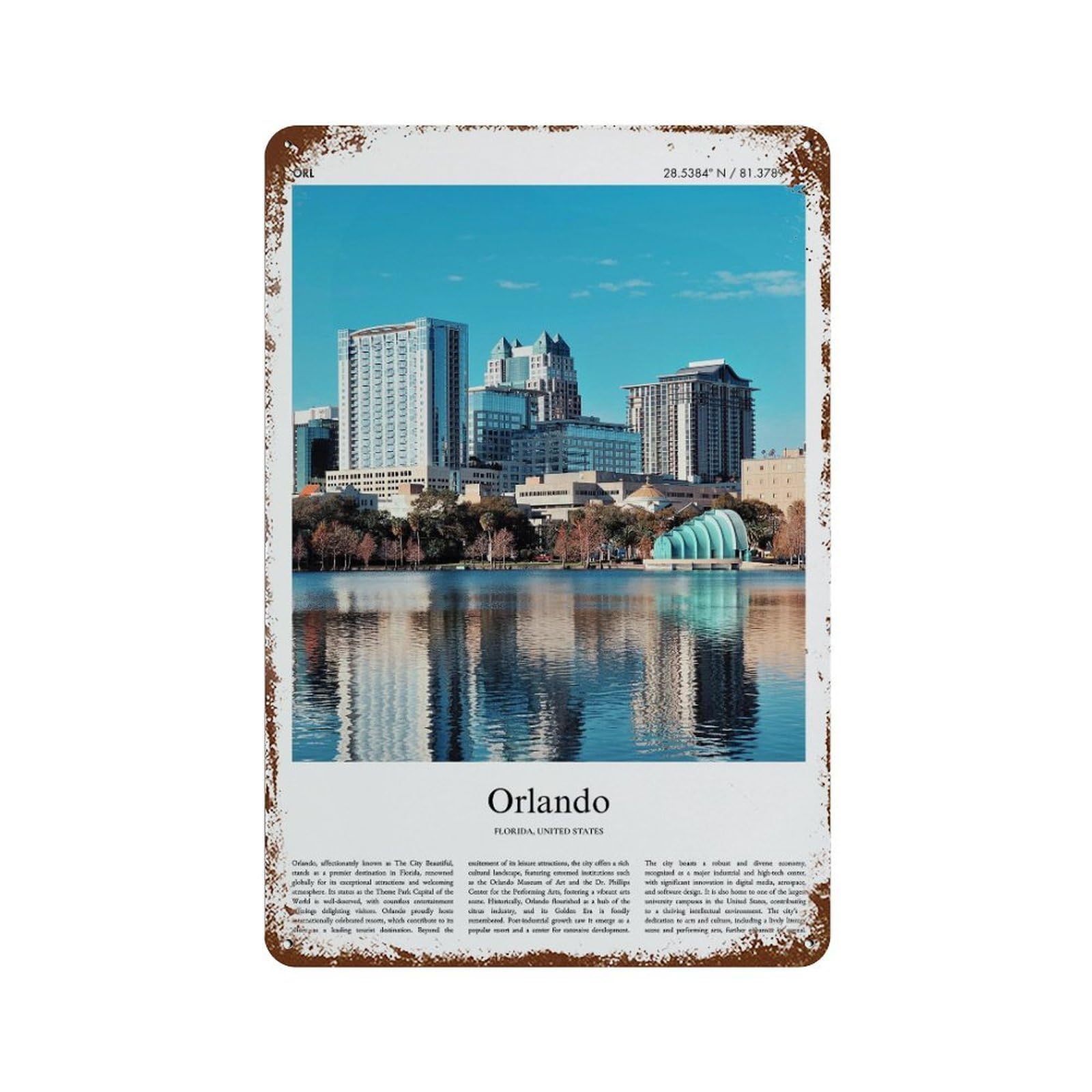 xiaoxiaoshen Orlando Florida, United States, USA City Scenery Wall Decor Art Metal Tin Poster Modern Home Decor Art Home Bar Shop Decorations Vintage Sign 30x20cm