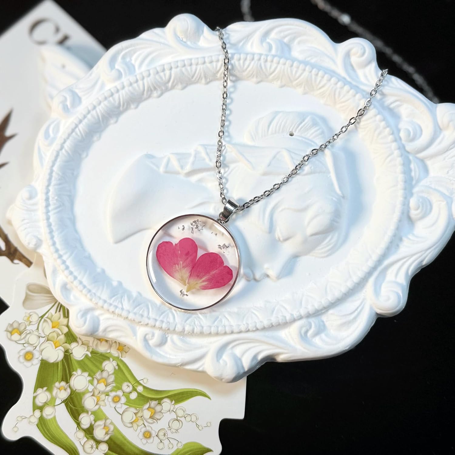 Birth Flower Necklace Silver For Women - 1-12 Month Necklace - Handmade Pressed Flower - Unique Holiday Gift - 18" - Image 2