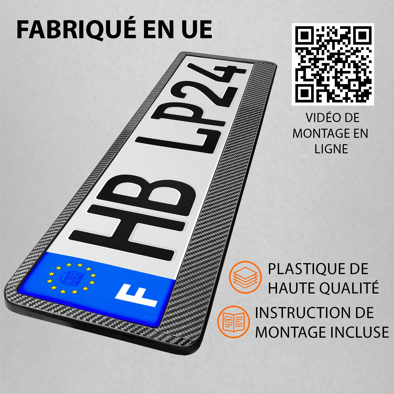 Lot de 2 - Supports de Plaque d'Immatriculation Voiture - [Simple, Rapide & sûr] - Porte Plaque Immatriculation pour Voiture - Auto Fixation pour Plaque - 52x11cm Discret Universel - Optique Carbone