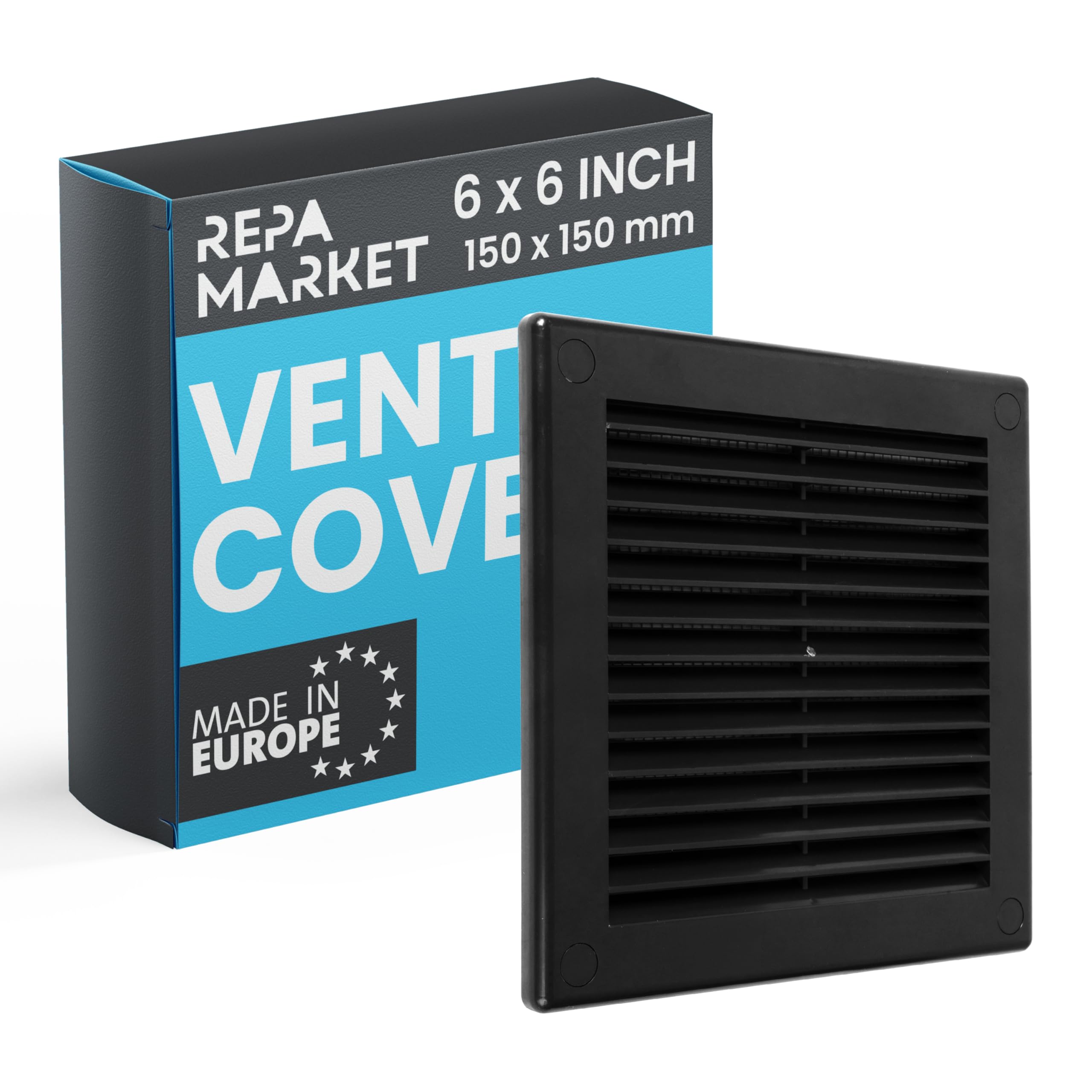 Repa Market 6 x 6 Inch / 150 x 150mm (Outer Size) Black Square Air Vent Covers for Walls - Plastic Intake Air Vents - Grill Cover w/Nylon Mesh Screen - HVAC Ceiling Ventilation Grilles
