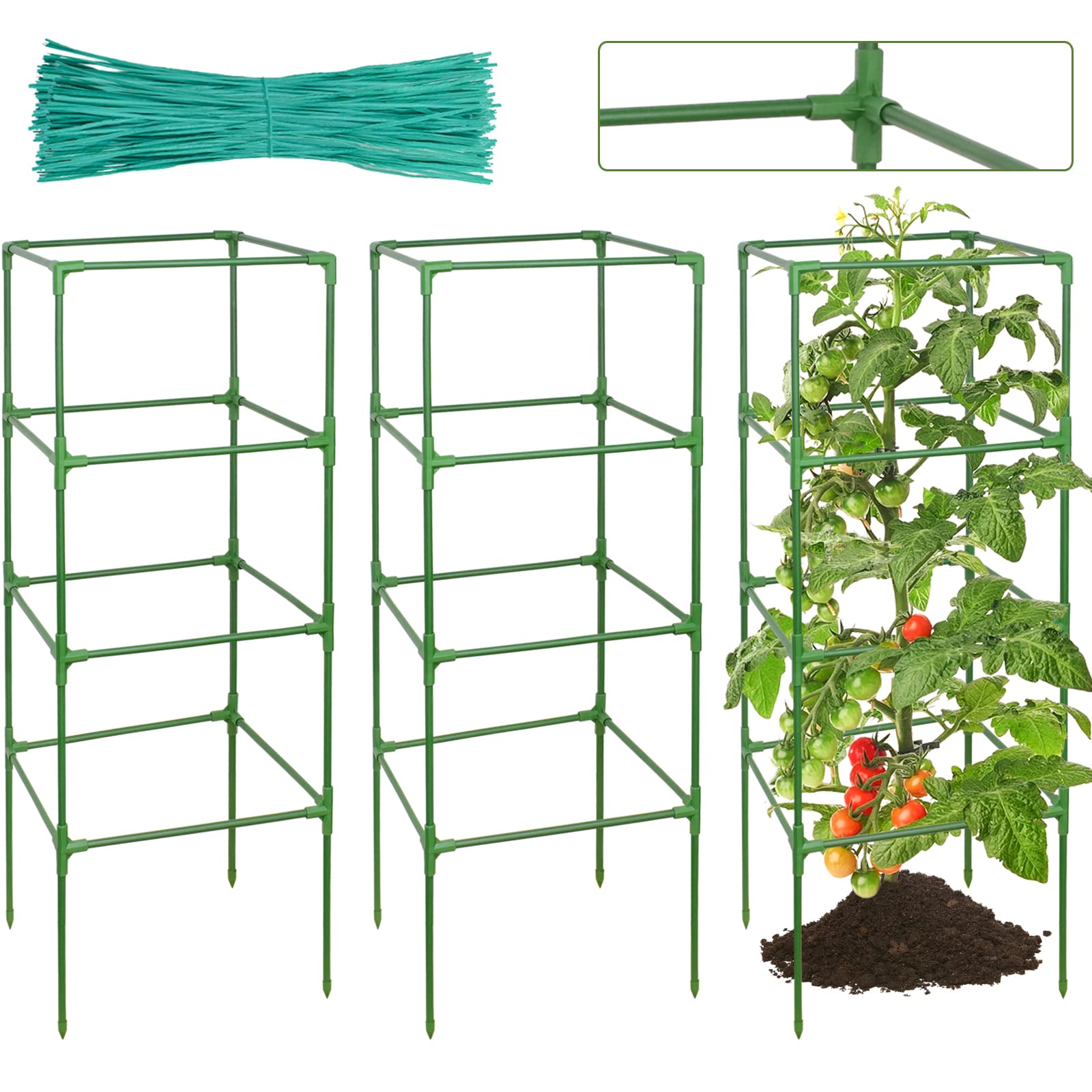 Halatool 3 Packs Square Tomato Cage Up to 39 Inch Adjustable Tomato Cages for Garden Tomato Trellis Plant Support for Pots Heavy Duty Tomatoes Cages Stakes for Raised Garden Bed Climbing Vegetables
