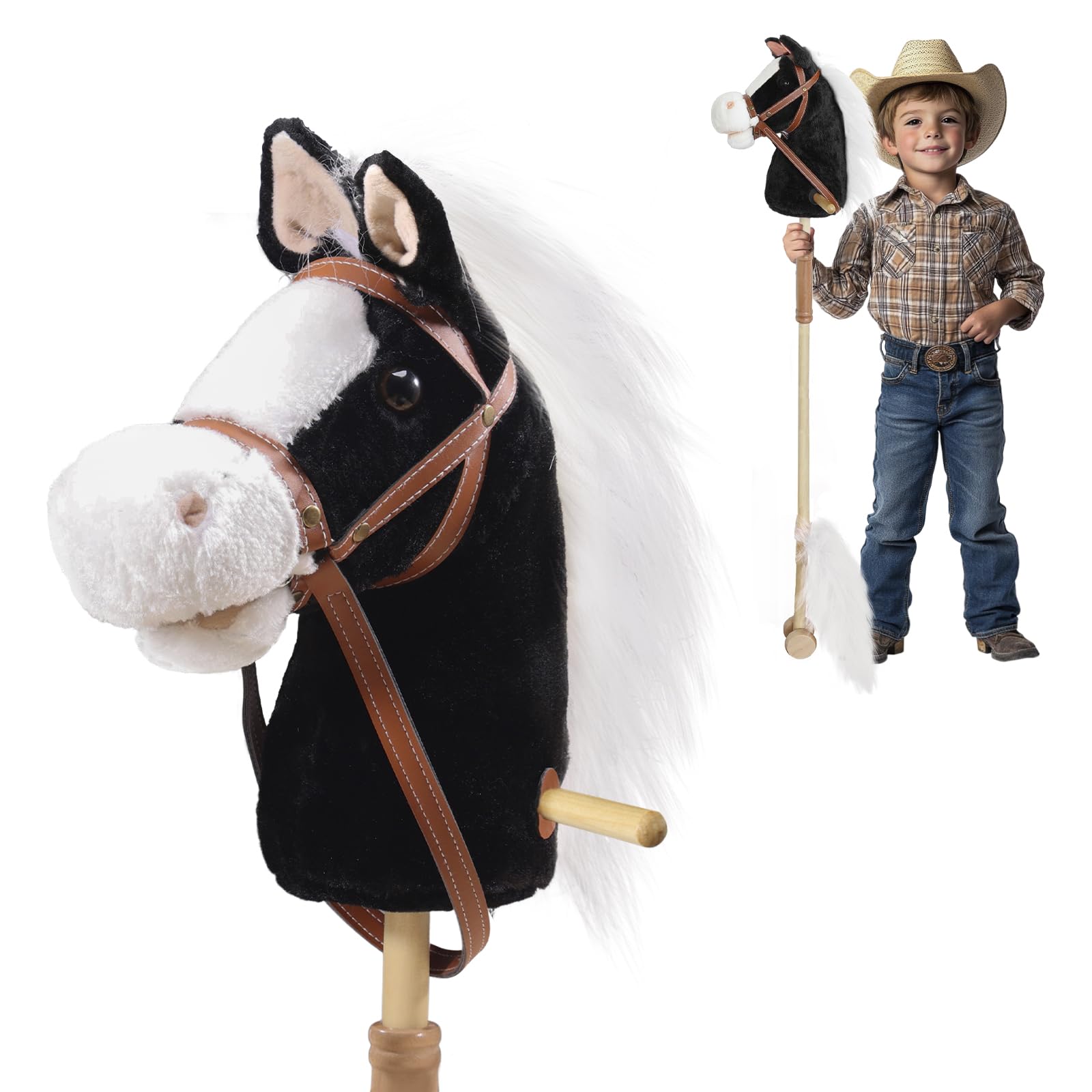 PLYFOU Stick Horse with Realistic Sound Effects, Hobby Horse, Wooden Pole, Handle, and Wheels, 38” Tall Horse Toys Gift for Kids Toddlers 3 Years+, Black (AA Batteries Required)