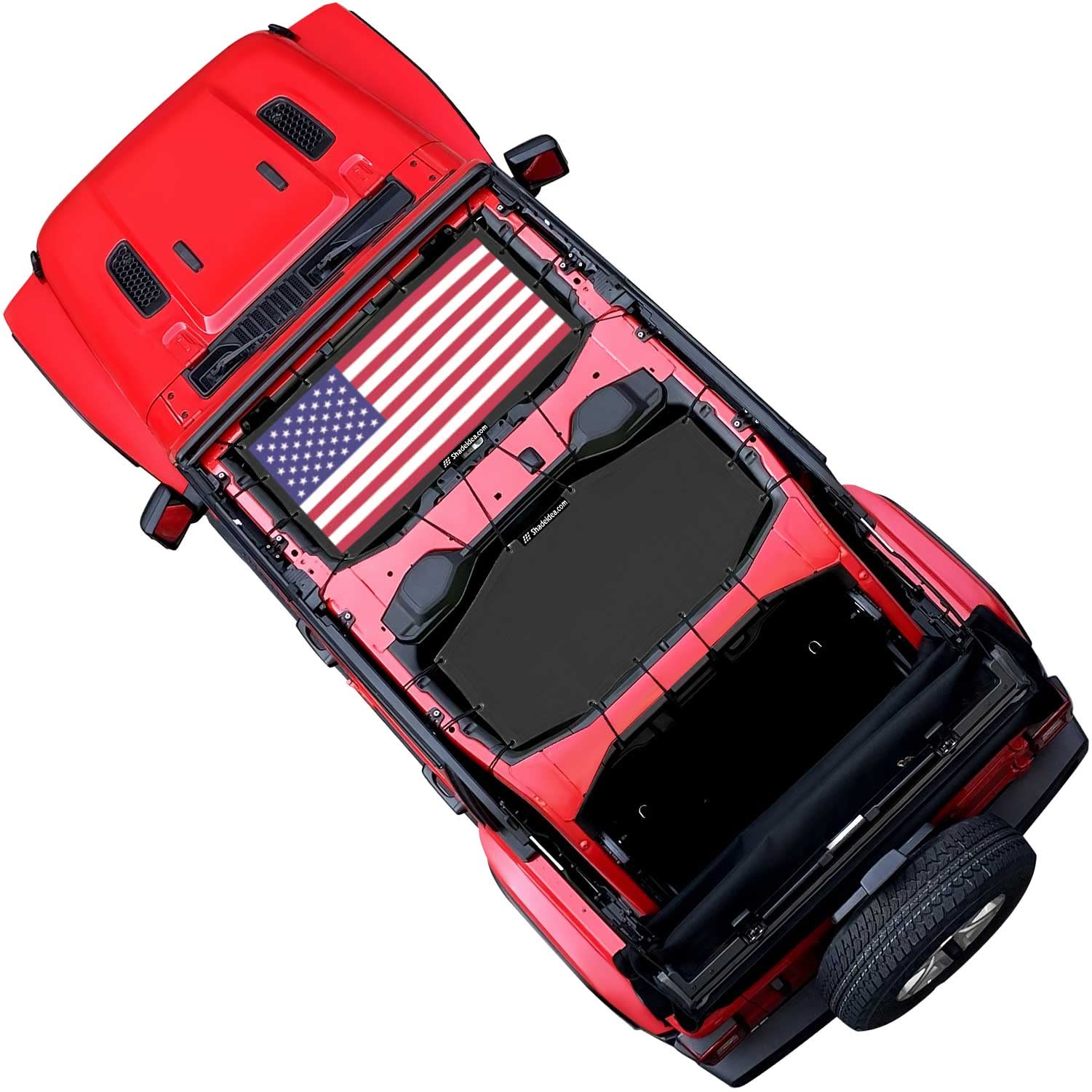 Shadeidea JL Top Sunshade Compatible with Jeep Wrangler JLU Sun Shade Top 4 Door Roof Mesh Screen Cover 2018-2023, Wind Noise UV Blocker -10 Year Warranty - American Flag -Front+Rear (2 pcs)