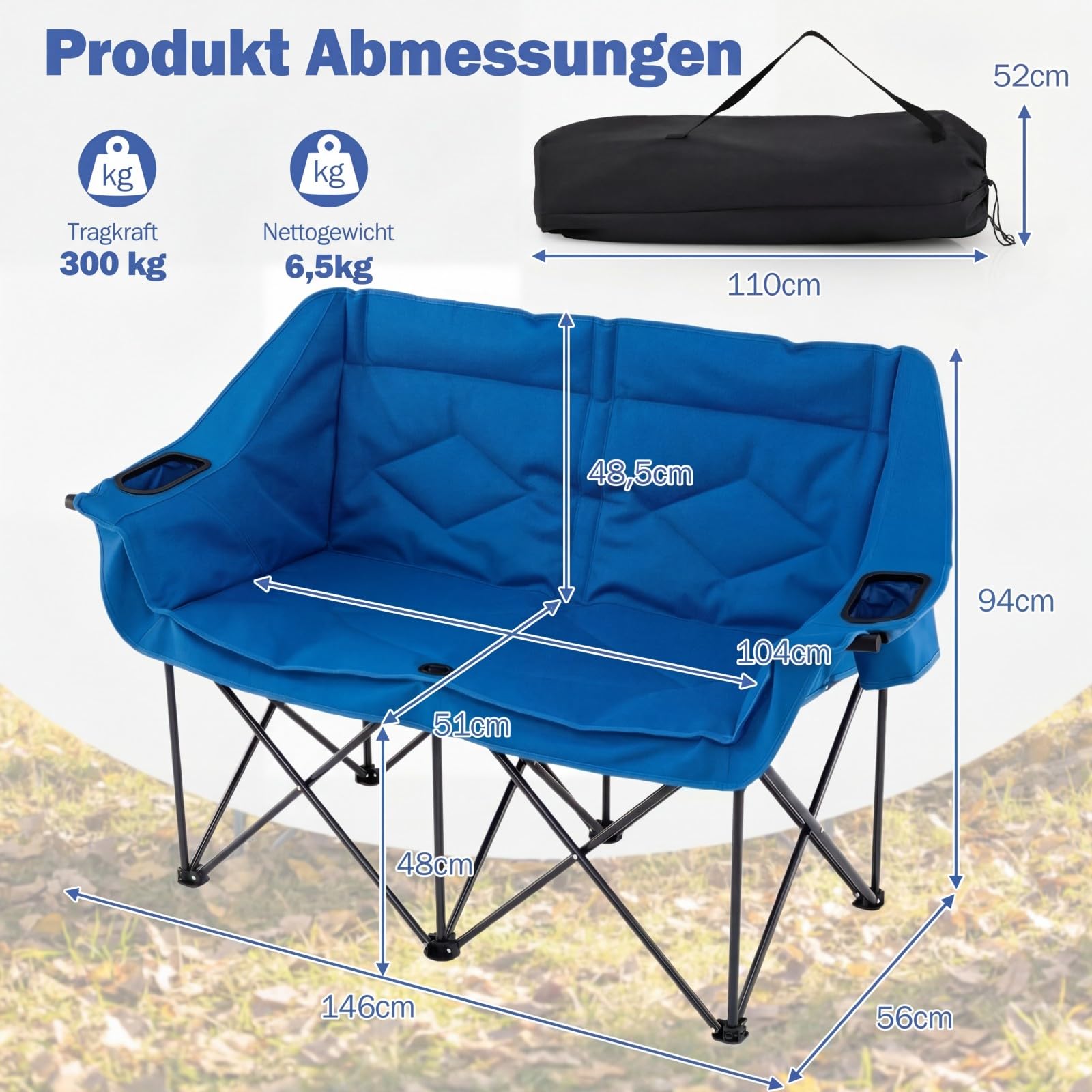 COSTWAY Campingstuhl faltbar für 2 Personen, XXL Campingsofa mit Getränkehaltern, Glashaltern und Netztaschen, 300 kg Tragfähigkeit, gepolsterter Klappstuhl, Faltsofa, Campingcouch