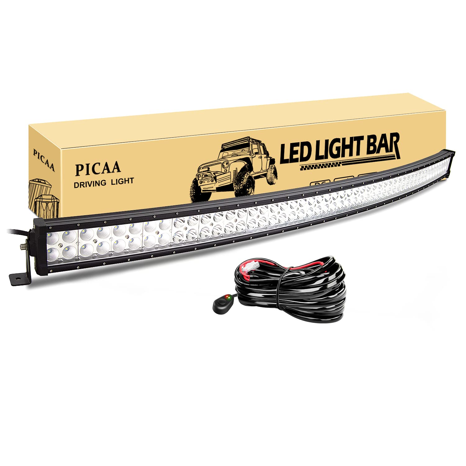 PICAA Barra de luz LED, Curva 52 Pulgadas 130CM 300W Spot/Flood Combo IP67 | con mazo de cables 12V,6000K,Barra de luces LED auxiliar, para coche SUV 4x4 todoterreno camión tractor ATV UTV Moto Barco