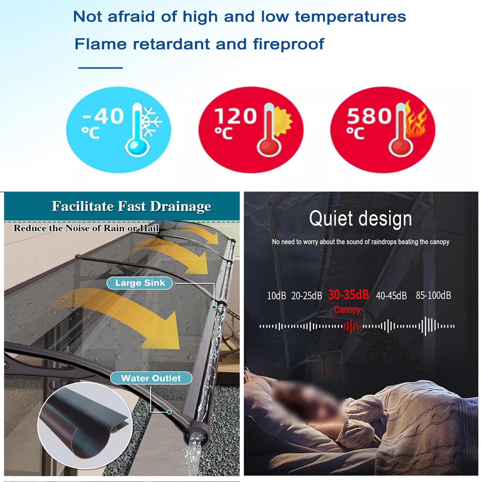 Toldo de aleación de aluminio con cubierta, protección UV y lluvia para patio, porche, jardín trasero, incluye soporte (39 x 71 pulgadas)