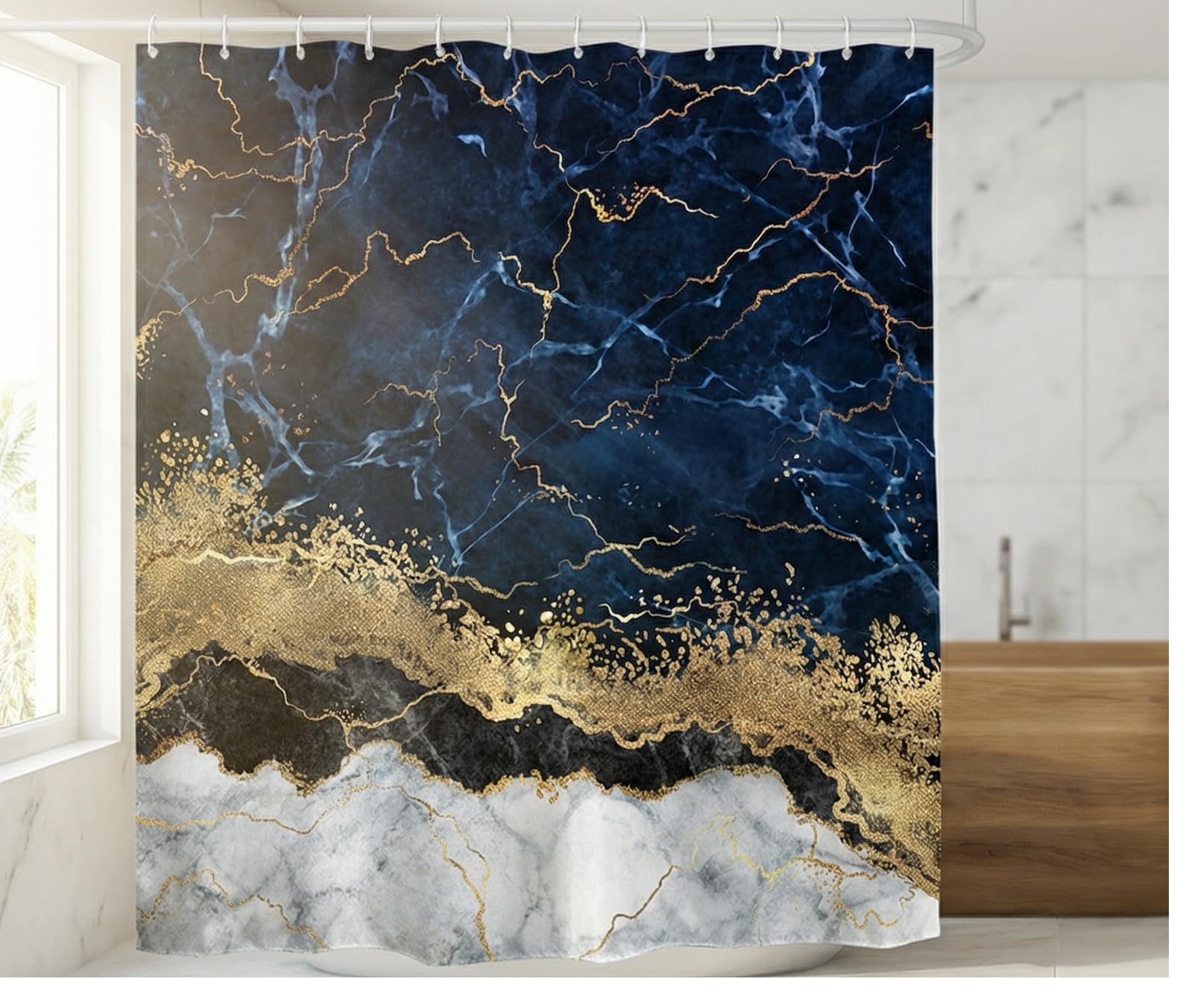 goodbath Marble Shower Curtain, Luxury Modern Abstract Waterproof Bath Curtains for Bathroom With 12 Hooks,Blue, 180x180cm