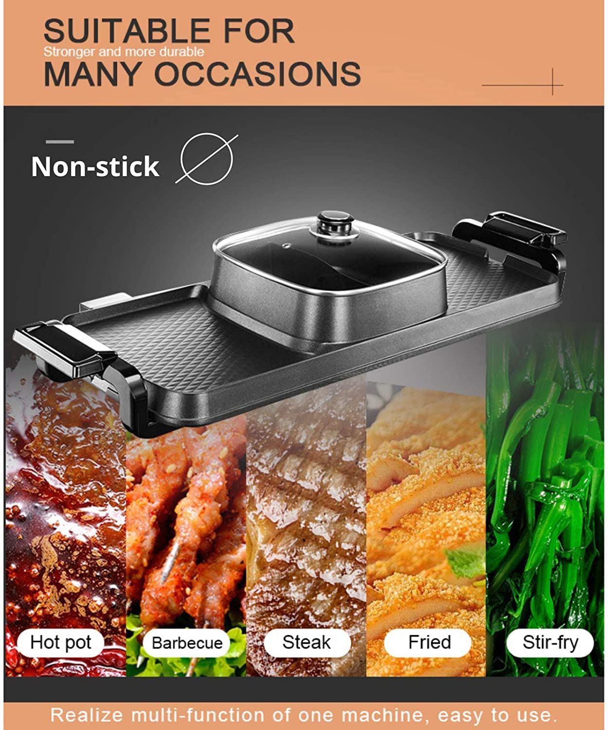 Jorunb 3 in 1 Large Electric Smokeless Grill and Hot Pot, 2400w Shabu