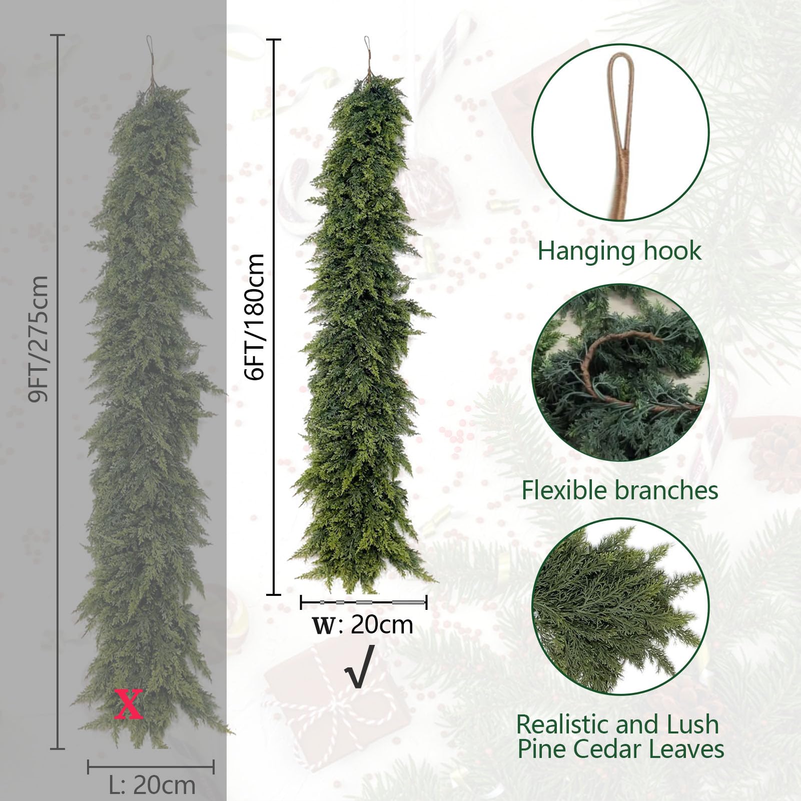 Guirnalda de Navidad artificial de cedro verde - Guirnalda de agujas de pino Norfolk de 1,8 m para vacaciones, chimenea, ventana, escaleras, interior y exterior (1,8 m de grosor)