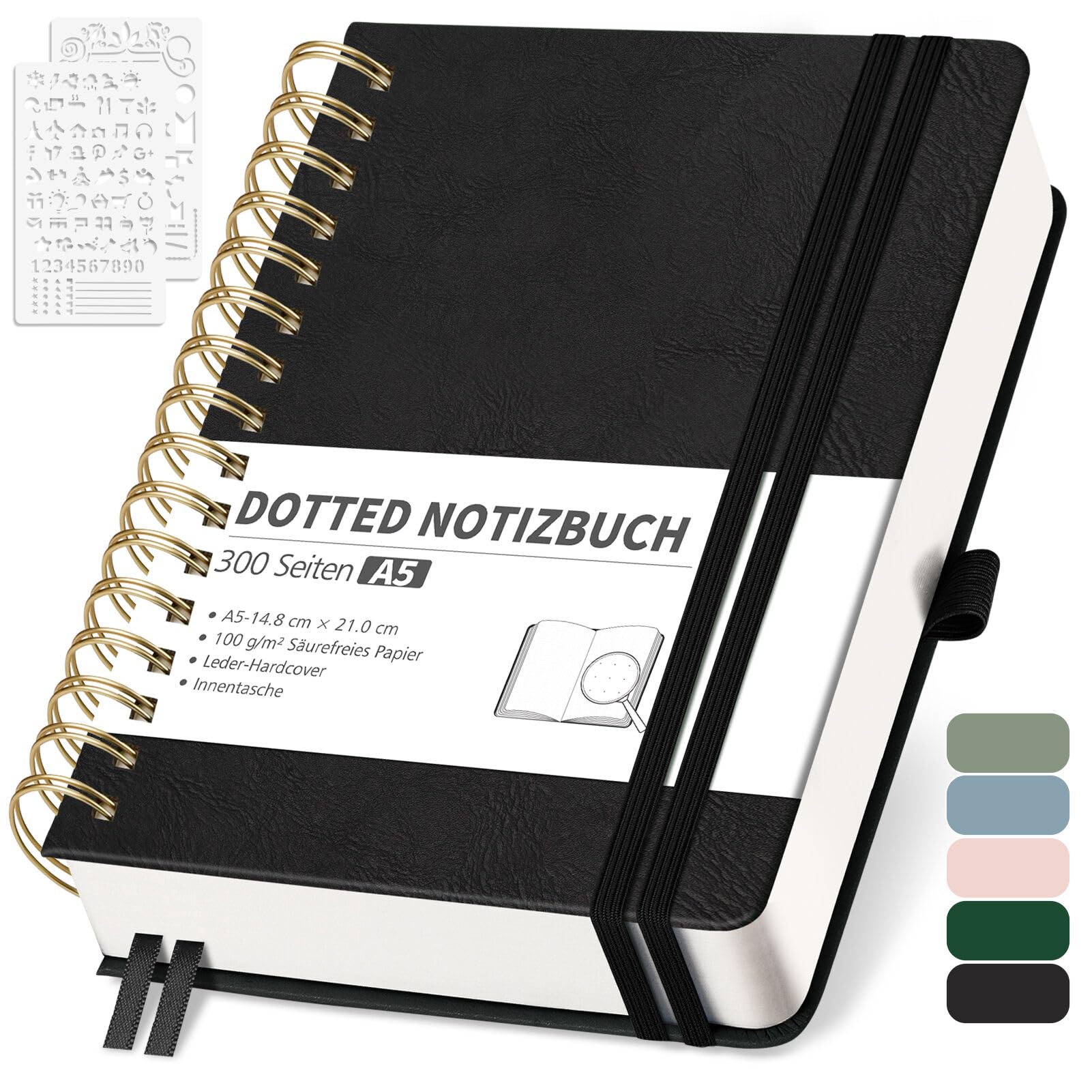 RETTACY Notizbuch A5 Liniert, Bullet Journal mit 100 g/m² Dickem Papier, 150 Blatt/300 Nummerierten Seiten, Collegeblock für Büro und Schule, Lederhülle, Schwarz, 14.8 cm x 21 cm