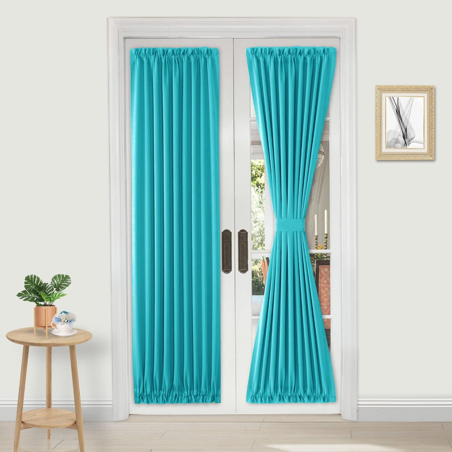 DWCN French Door Curtains – Rod Pocket Thermal Blackout Curtain for Window/Patio Doors/Doorways/Classroom/Kitchen for Privacy, 36W by 80L Inches, 1 Panel with Tieback, Turquoise — image 1