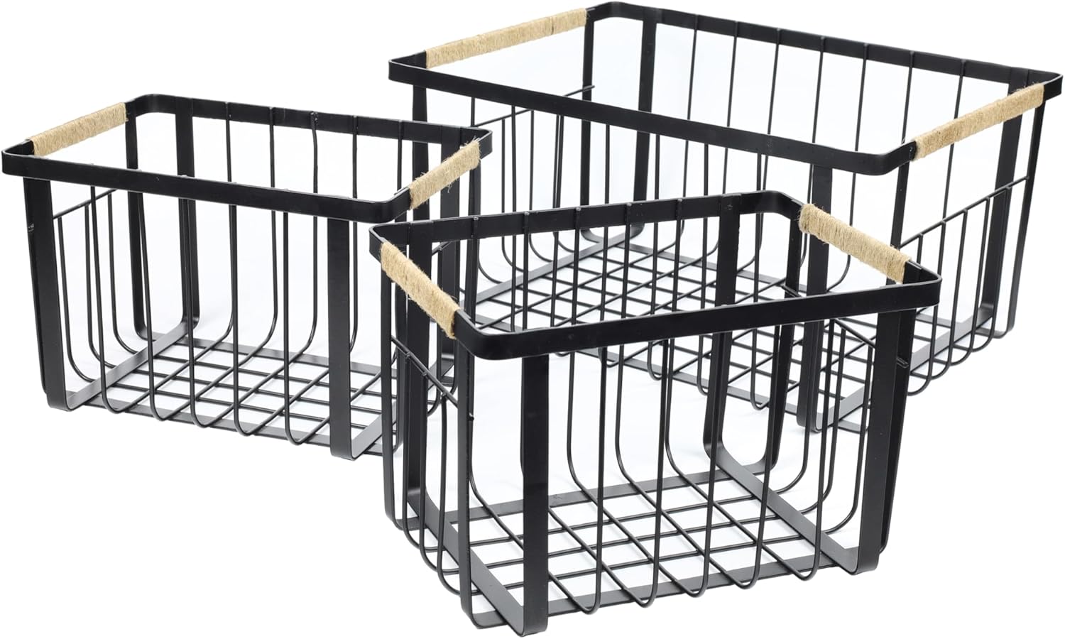 happimess BSK3003A-3SET Henley Vintage Farmhouse Wire Metal Nesting Storage Baskets with Jute Wrapped Handles for Shelves, Cabinets, Pantry, Countertop, Mesh Open Bin Basket, Black (Set of 3)