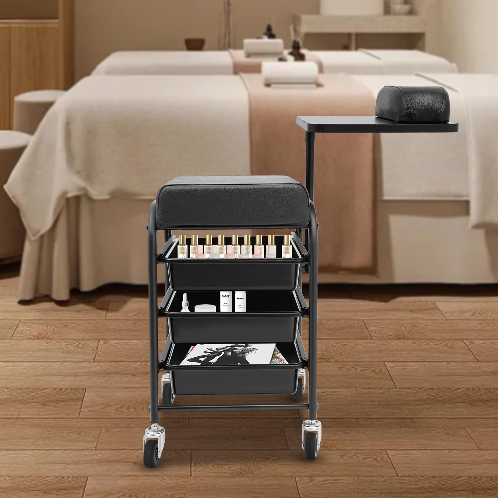 Chariot de spa portable pour bain de pieds avec 3 tiroirs, 4 roues universelles et plateau rotatif