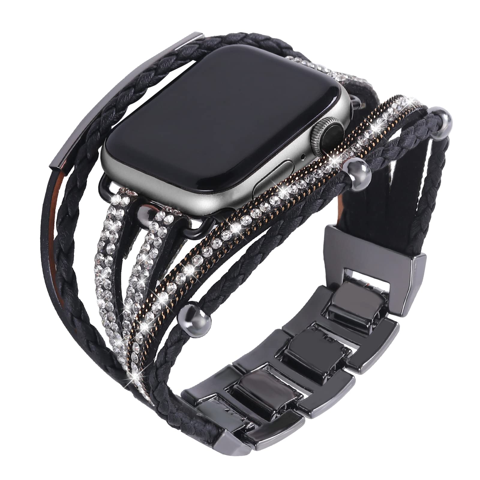 YOSWAN Leather Bracelet Compatible with Apple Watch Band 38mm 40mm 41mm women, Dressy Boho Bling Jewelry Multilayer Wrap Strap for iwatch Series 7 SE 6 5 4 3 2 1 (Bling Black)