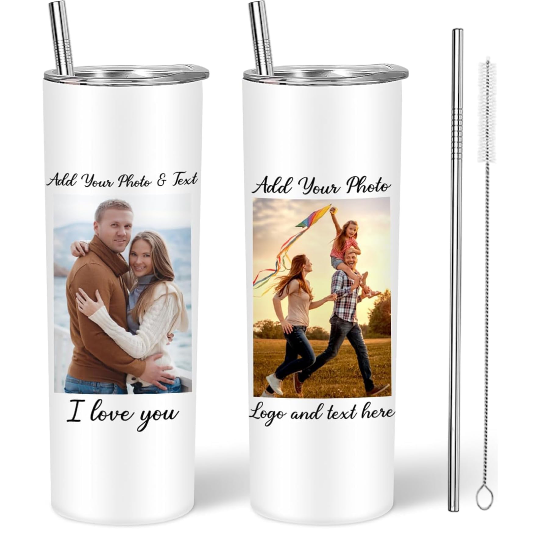 EKAM Personalised Coffee Tumbler with Picture & Text - Personalised Travel Coffee Mug, 20oz Stainless Steel Tumbler Cup with Straw and Lid, Custom Cup Gift for Christmas Day, Birthday, Any Occasion