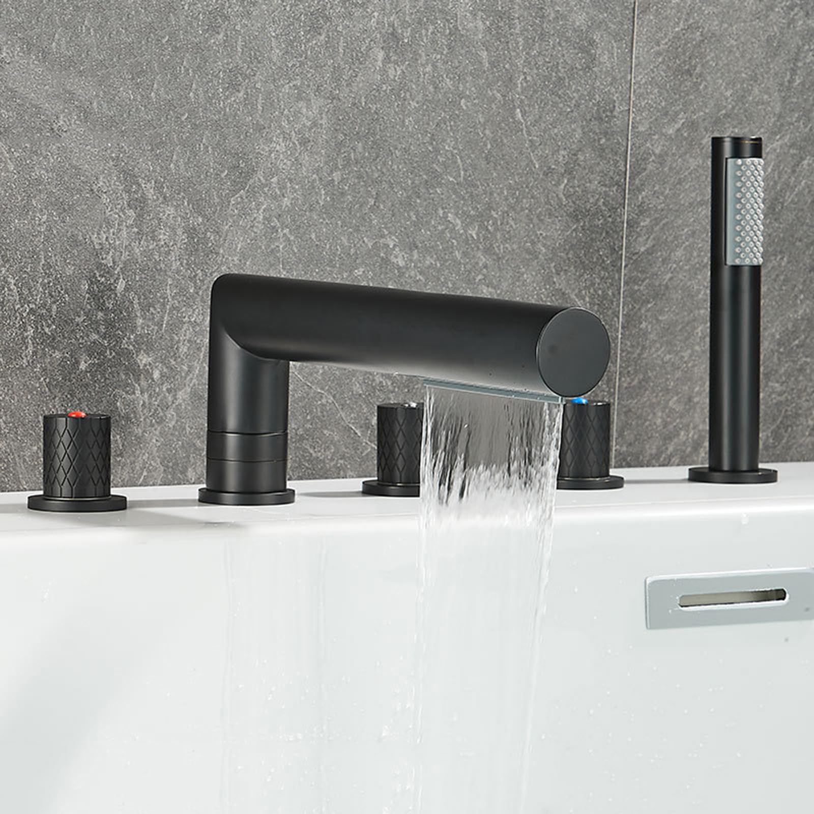 SnamicE Bath Shower Mixer Tap Black Bathtub Hand Shower Tap Set Bathroom 5 Hole Tub Mixer Faucets,Black