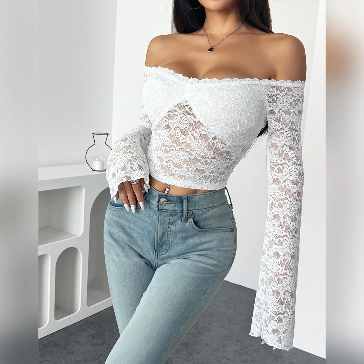 Off The Shoulder Top for Women Floral Lace Bell Long Sleeve Sexy Mesh Sheer See Through Crop Tops Shirts Blouses Y2K - Image 4
