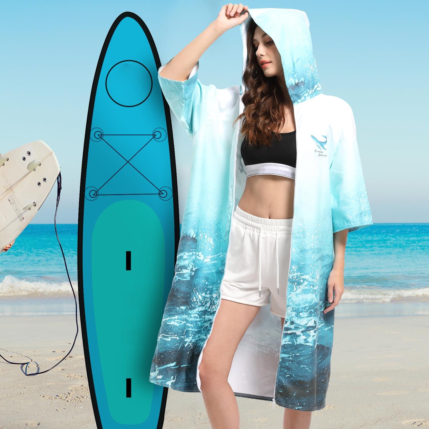 Poncho Spogliatoio Accappatoio, Cerniera Ad Asciugatura Rapida Poncho Surf Microfibra, Poncho da Bagno in Microfibra per Uomo Donna Adulti,Blue-110 * 80CM