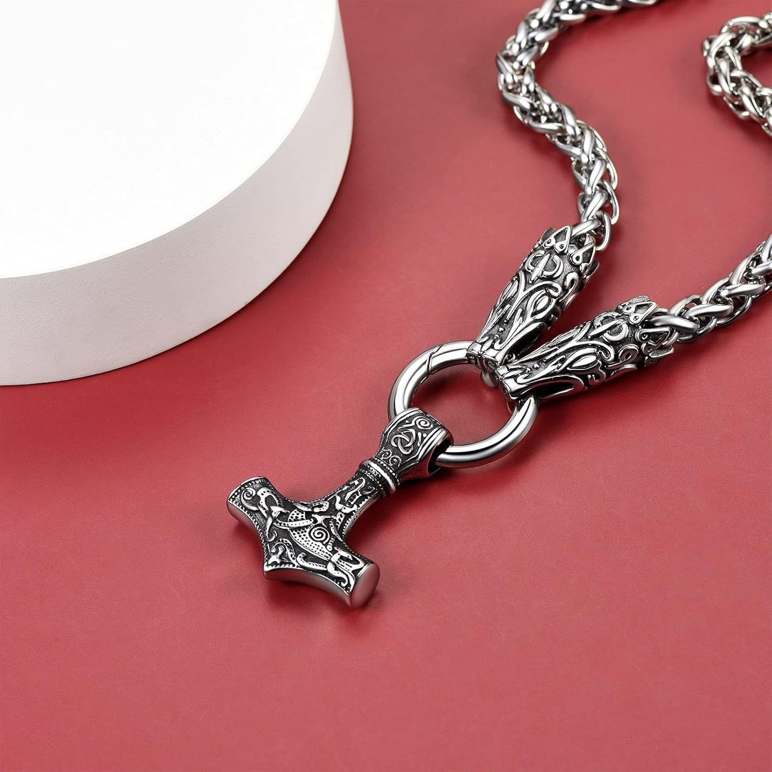 FaithHeart Men Punk Norse Viking Necklace Chunky Necklace, Stainless Steel Mjolnir/Celtic Knot Wolf Head Chain Pendant Amulet Jewelry Gift Packaging - Image 9