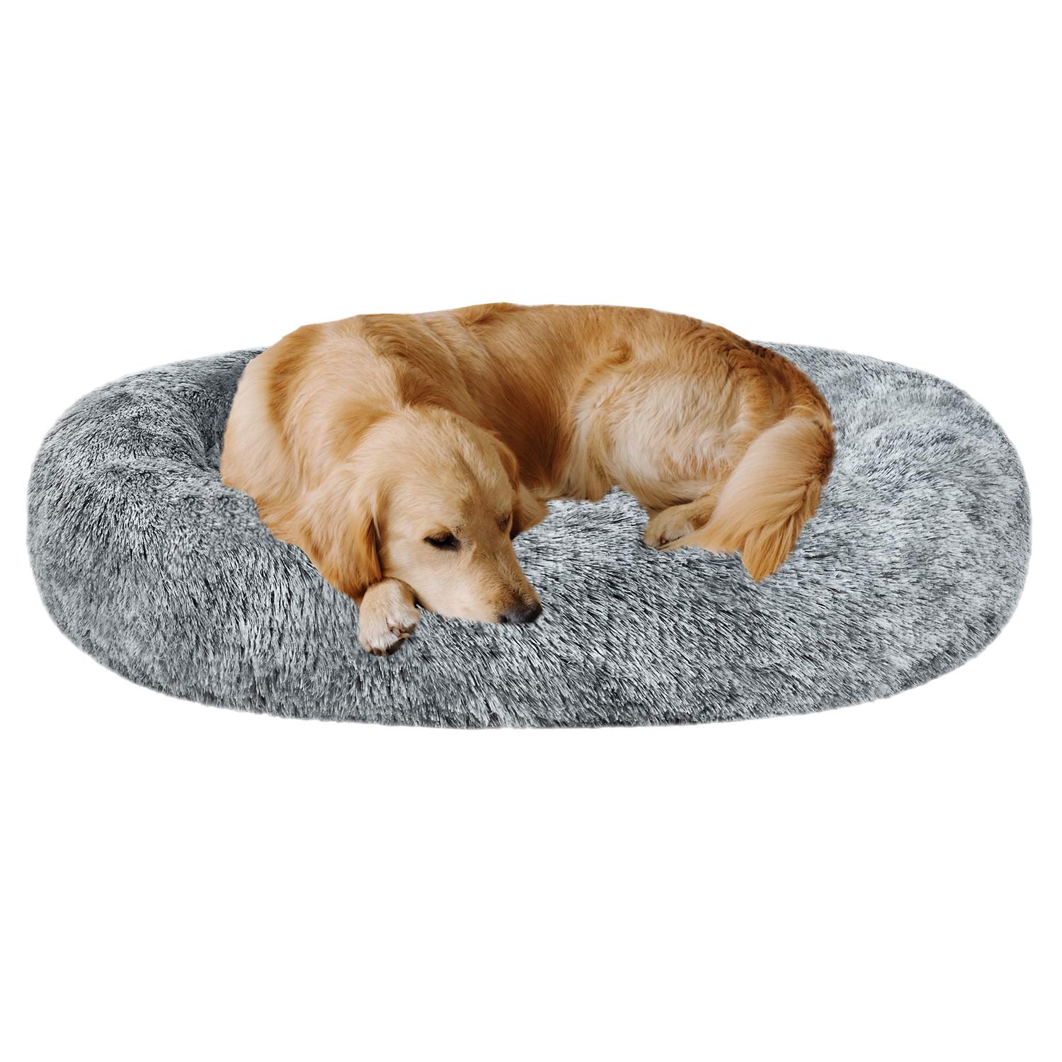Coohom Oval Calming Donut Cuddler Dog Bed,Shag Faux Fur Cat Bed Washable Round Pillow Pet Bed(30"/36"/43") for Small Medium Dogs (XL(36"x27"x7"), Grey)