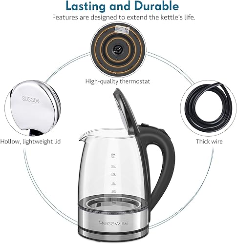 Miniatura 4 de Hervidor eléctrico MEGAWISE de 1500 W, 1,8 l de vidrio de borosilicato con luz LED, apagado automático y protección contra ebullición, hervidor