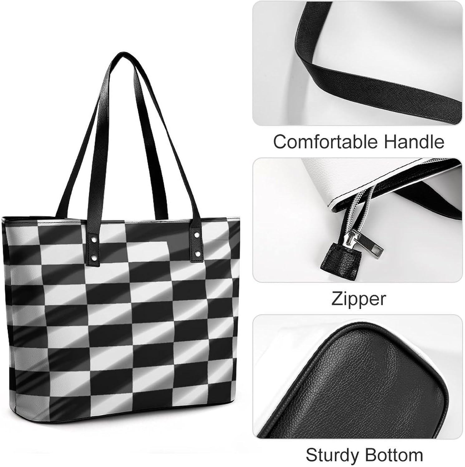 Black White Race Checkered Flag Tote Bag Large Soft Leather Purse with Zipper Lightweight Ladies Shoulder Handbag