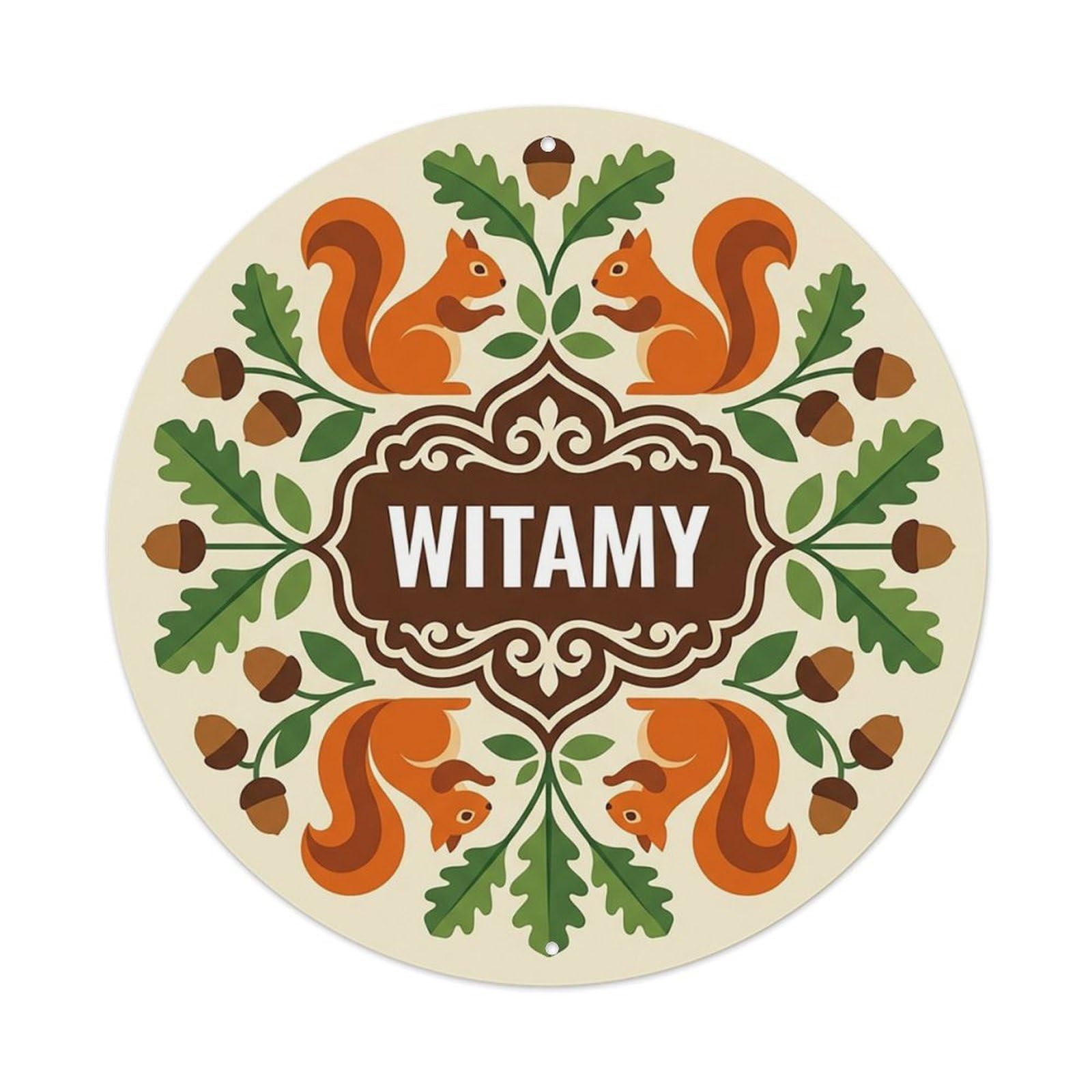 Vintage Polish Folk Art Witamy Welcome Squirrel Oak Metal Tin Sign