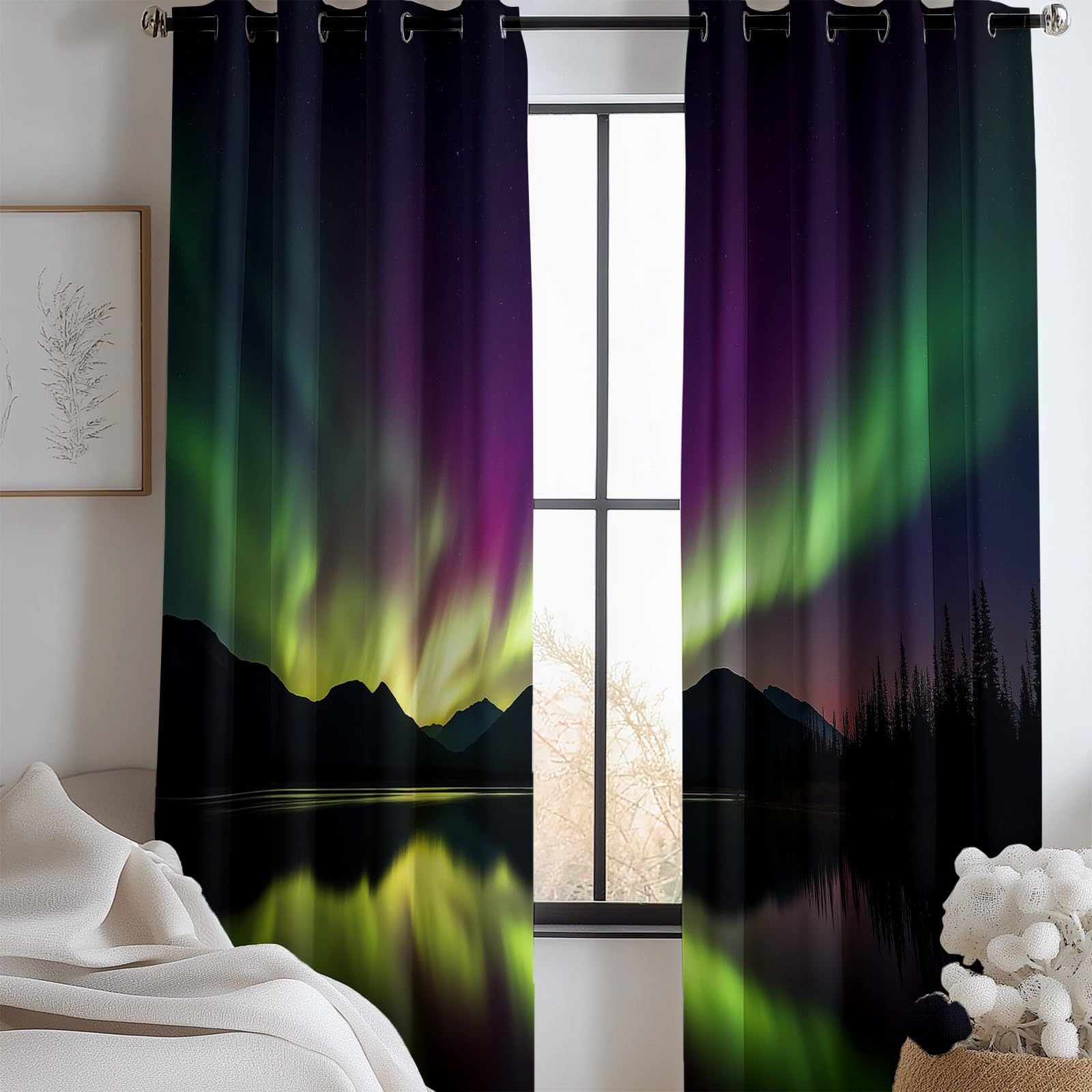 Grün Blickdicht Vorhänge für Wohnzimmer Nordlichter Seeblick Verdunklungsvorhang mit Ösen, Blickdicht Gardinen Thermovorhang für Schlafzimmer Deko 2er Set, H 260 x B 140 cm