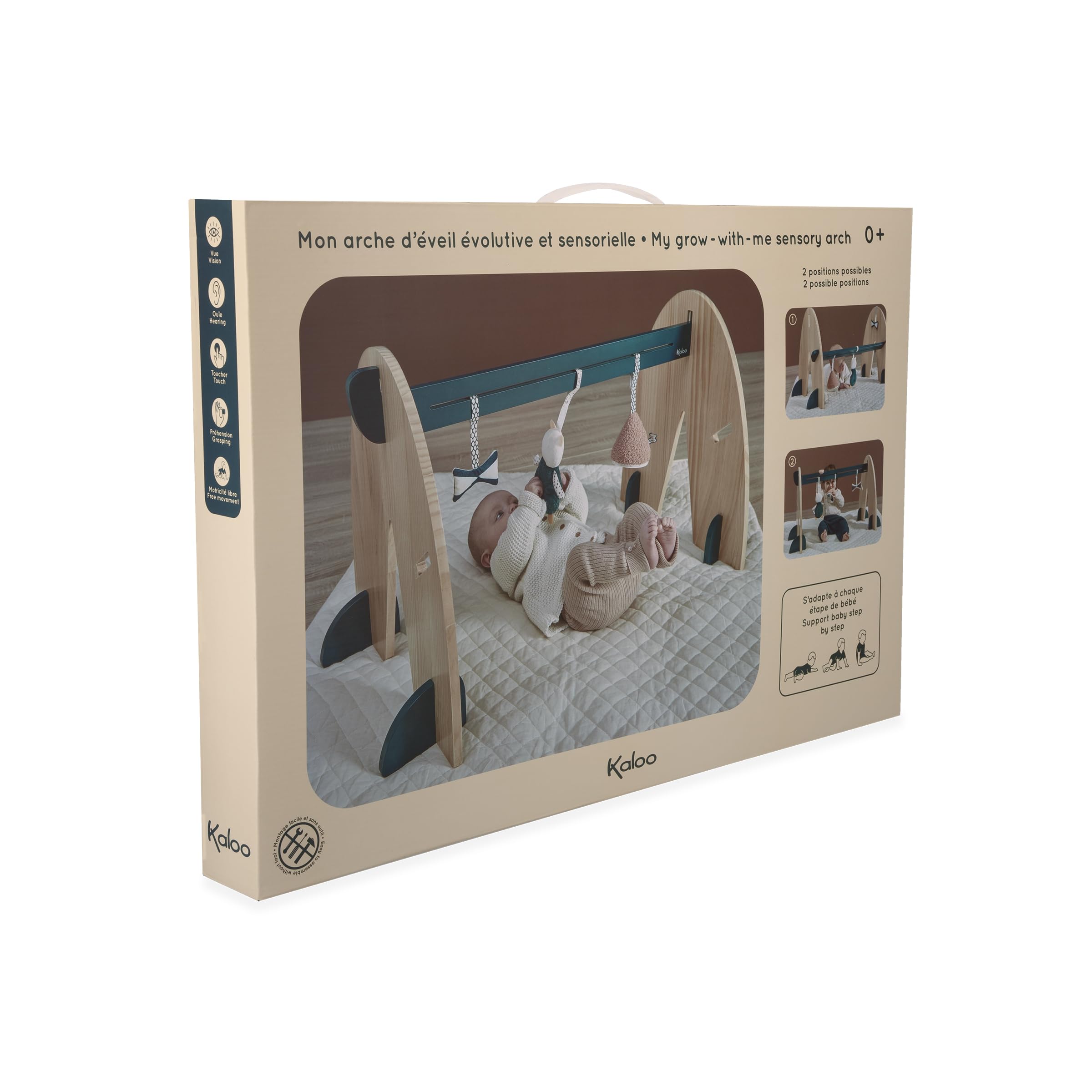 KALOO - Stimuli - Arco Multisensoriale con 3 Accessori per Neonato - Arco in Legno Evolutivo - Giochi Sensoriali Appesi - Altezza 45 cm - dalla Nascita, K227004