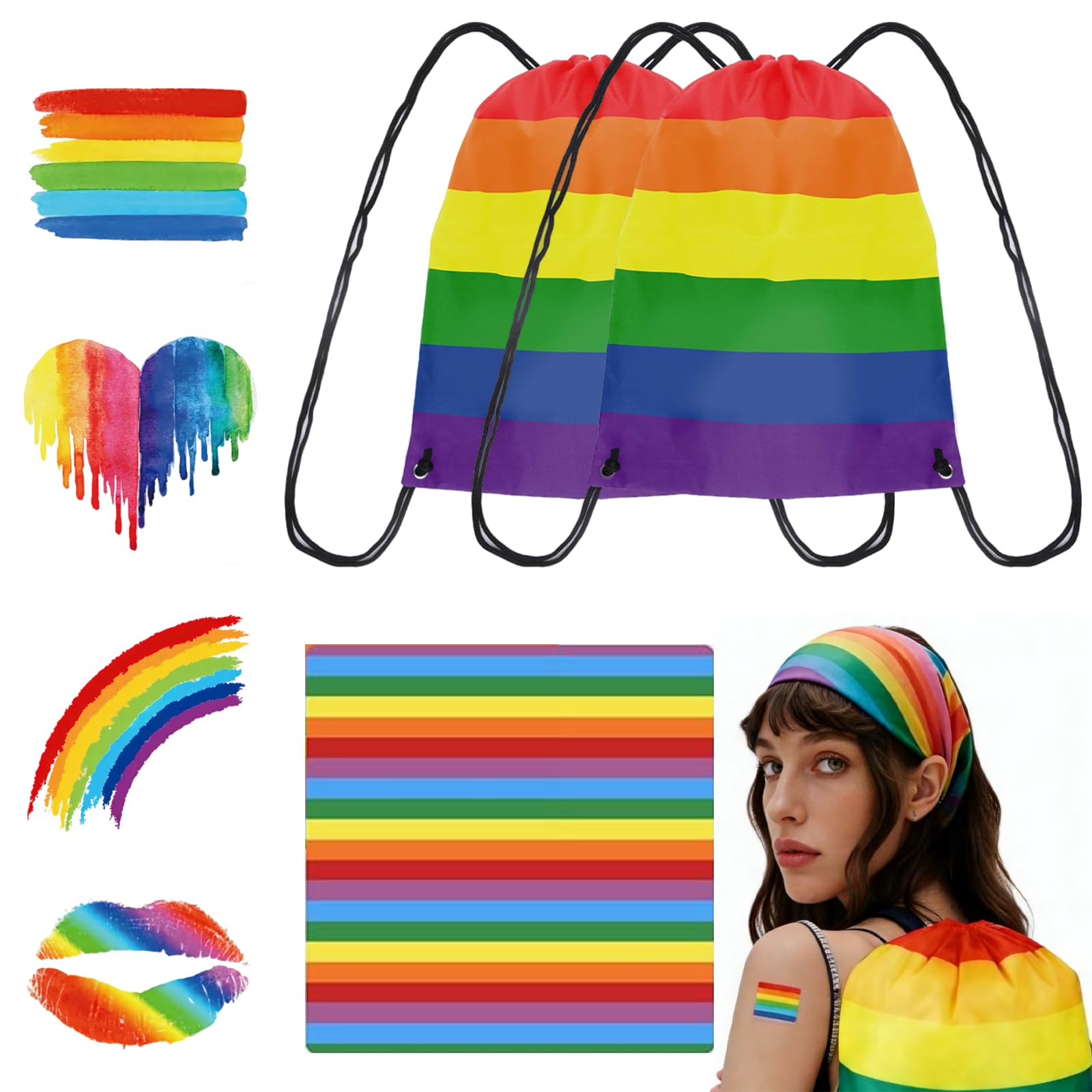 EULAPGOE Rainbow Pride Drawstring Bag Set – 2pcs Polyester Bags with Flags and Stickers – Colourful LGBT-Inspired Festival Accessories for Travel, Events, and Everyday Use