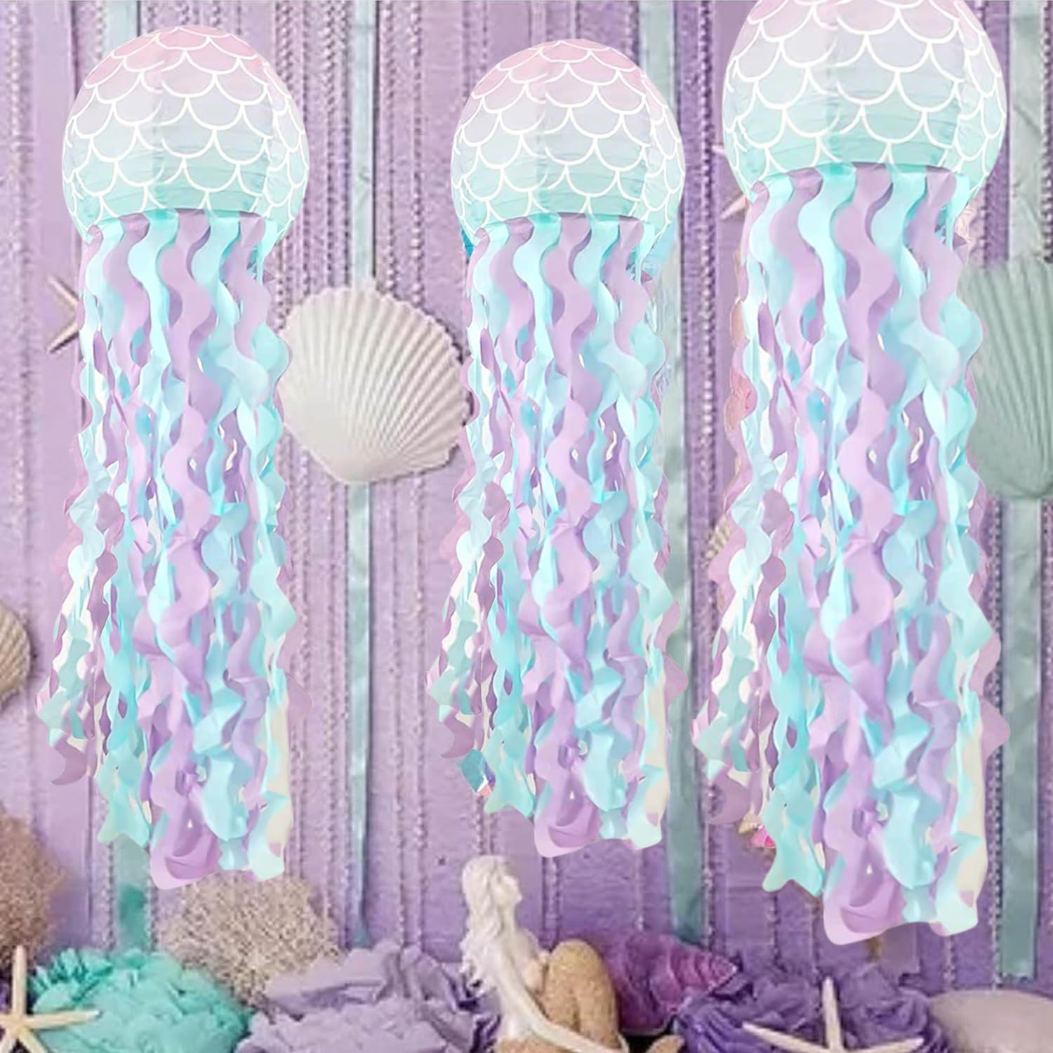 Linternas de Papel de Medusas: TOATELU 4 Piezas 25cm/10inch Linternas Decorativas de Sirena, Decoraciones de Fiesta de Cumpleaños, Suministros de Fiesta Temática del Océano