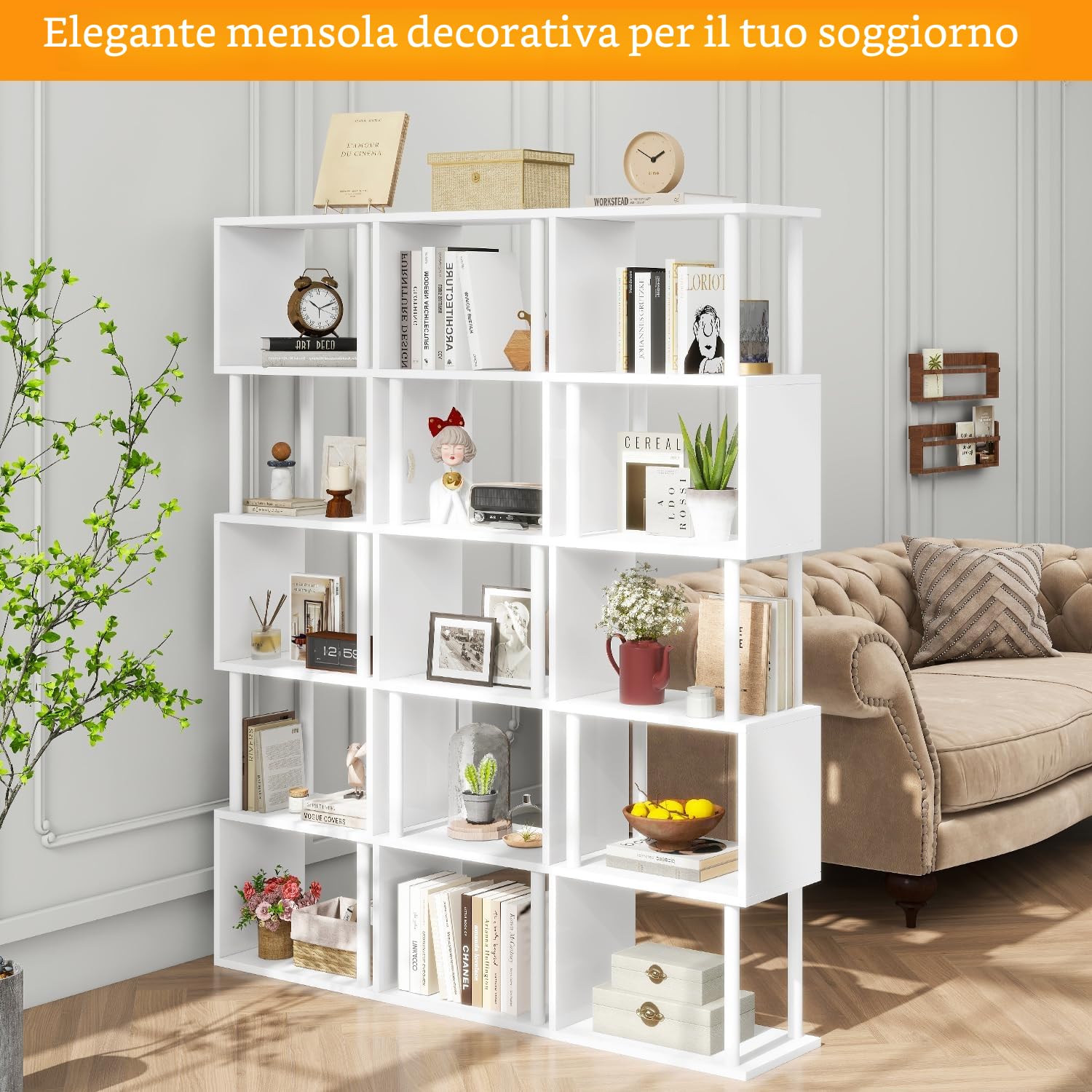 IBUYKE Libreria alta a 5/6 ripiani, libreria geometrica a forma di S, ripiani in legno con contenitore, libreria moderna per soggiorno, camera da letto, ufficio domestico, bianco WBC016W