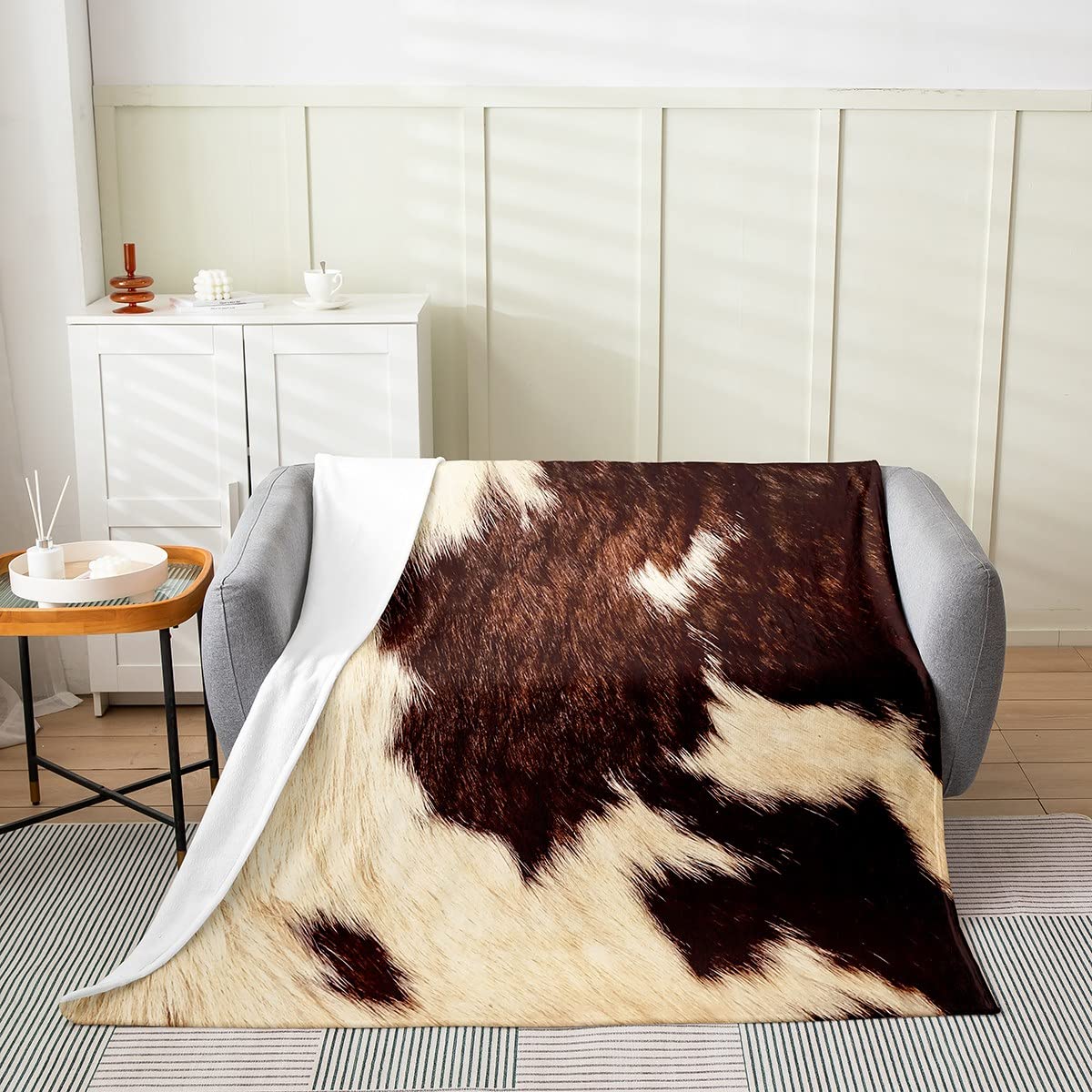 Homewish Kuhfell Überwurfdecke 150 x 200 cm Braun Beige Kuhdruck Fleecedecke Flanelldecke