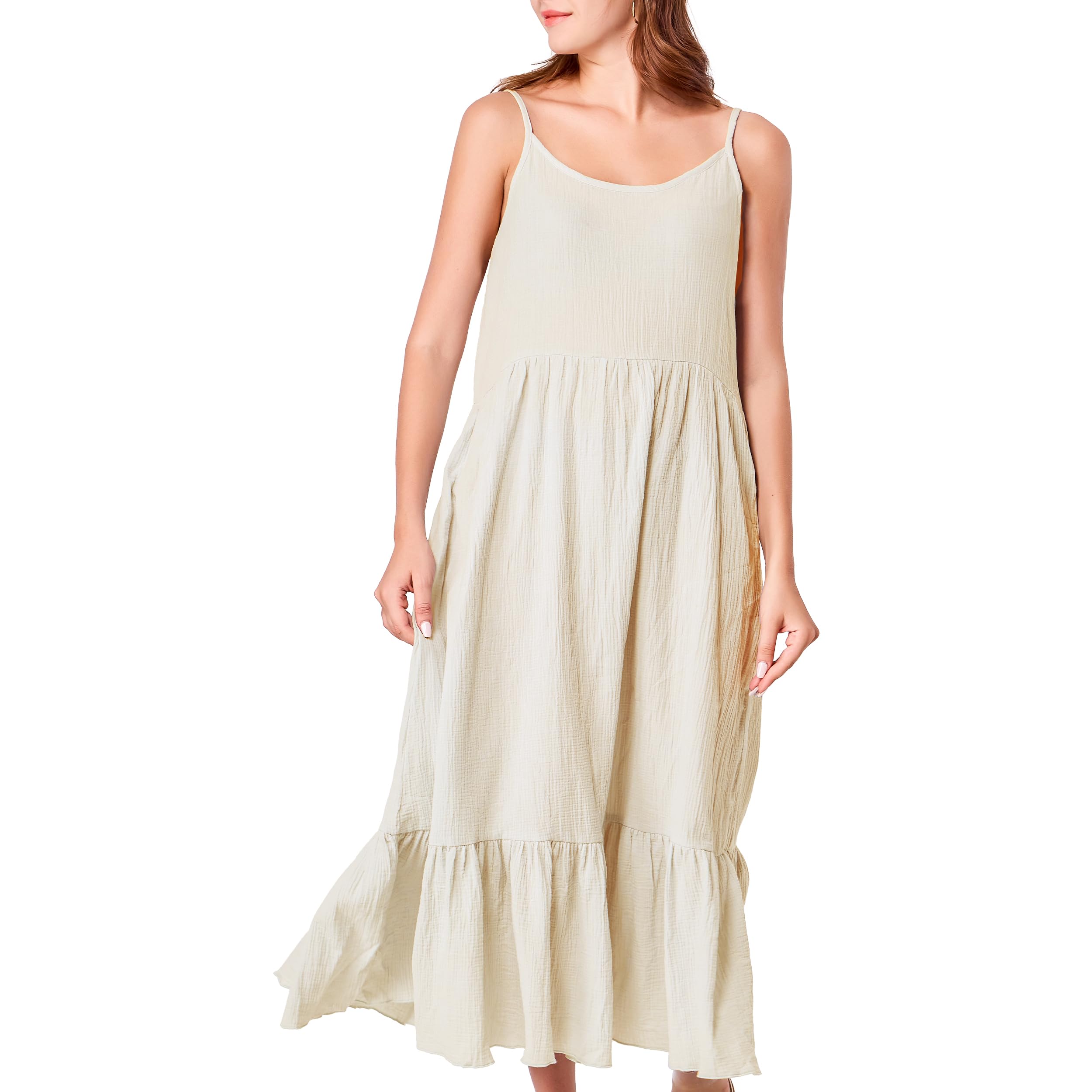 Simple&Opulence Vestido largo de algodón casual de verano para mujer, holgado, sin mangas, tirantes delgados, escalonado, bohemio, vestido de verano para la playa