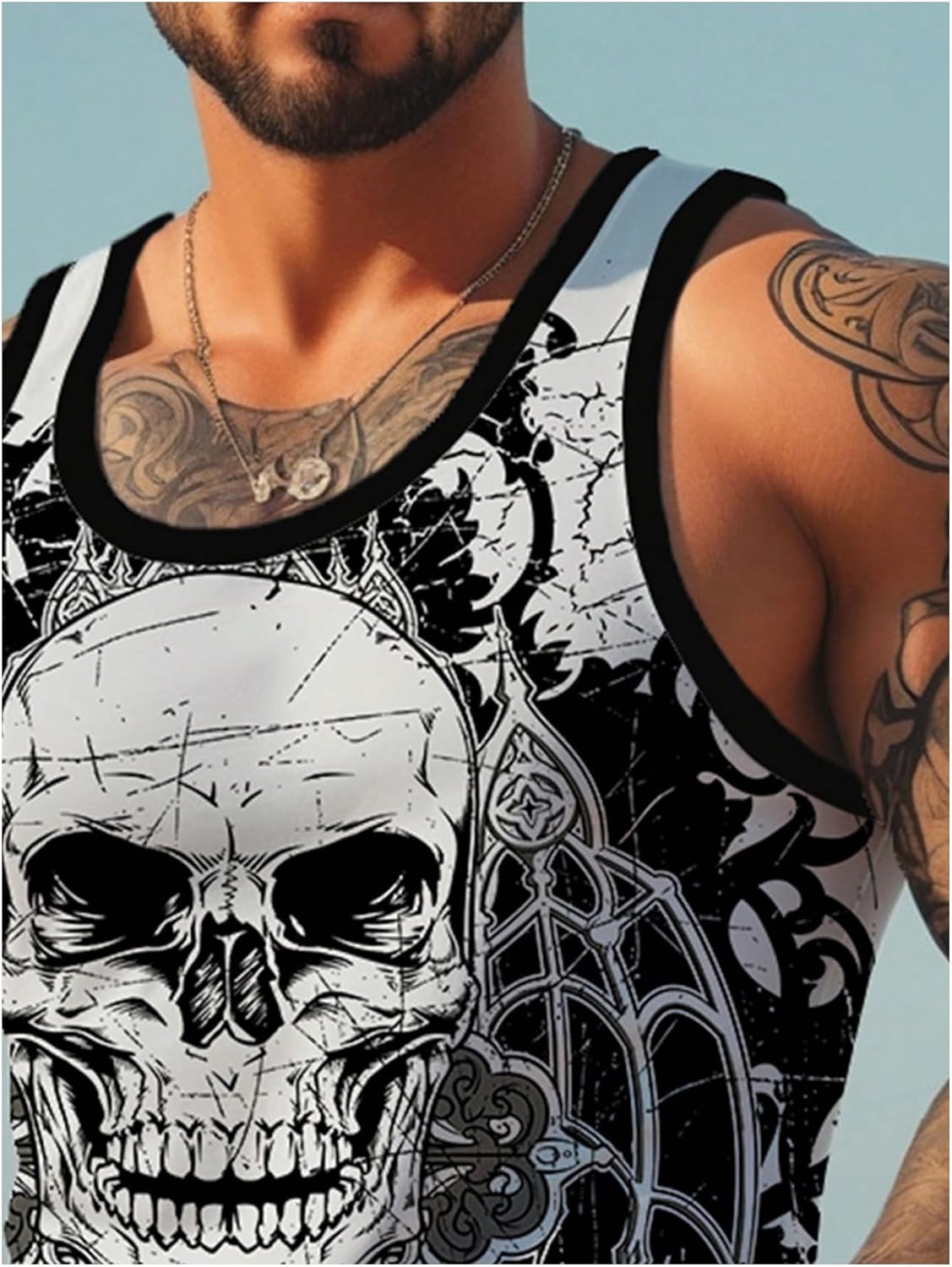 WDIRARA Men's Gothic Skull Print Tank Top Sleeveless Crew Neck Athletic Workout Tops - Image 2