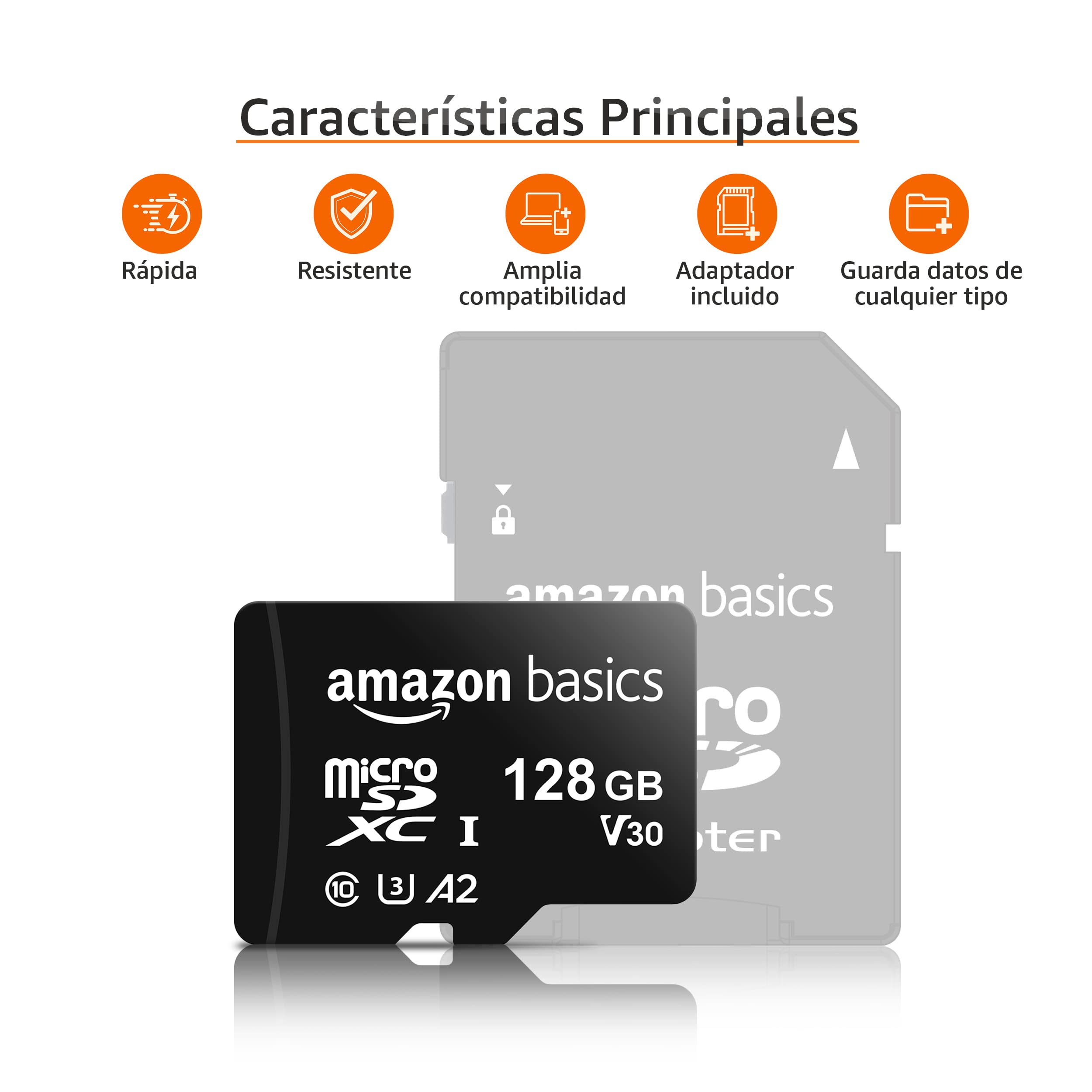 Amazon Basics Tarjeta de memoria microSDXC 128 GB A2 U3 con adaptador