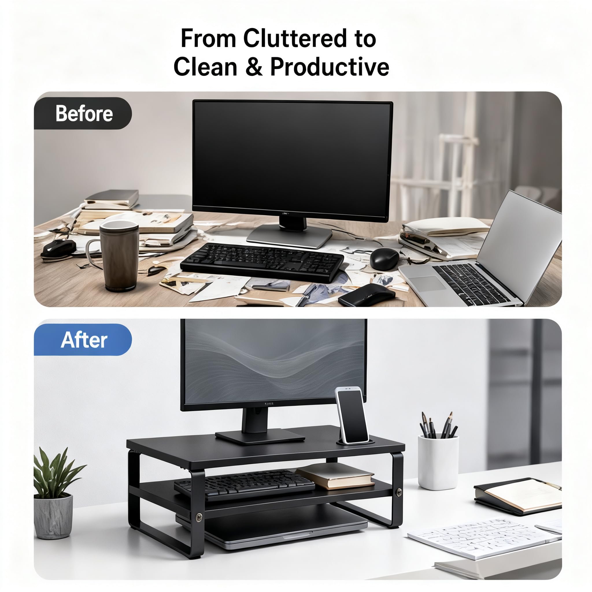 Supporto per monitor con supporto per telefono, supporto ergonomico per laptop a 2 livelli con cuscinetti antiscivolo per computer, notebook, iMac, PC, carico 50 kg, organizer da scrivania