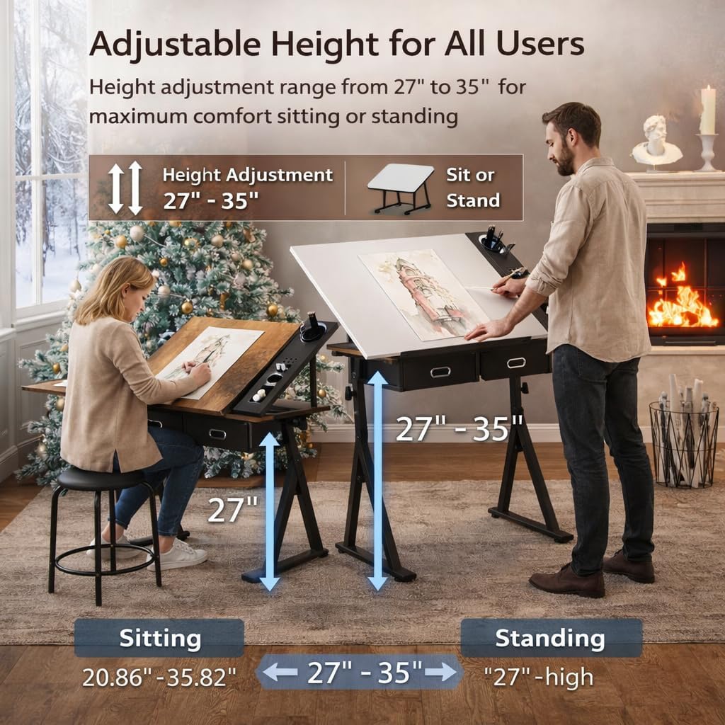 Height Adjustable Drafting Table with Stool, Tilting Art Desk with 2 Storage Drawers, Art Craft Workstation for Studio, Home Office Reading, Writing, Crafting, White