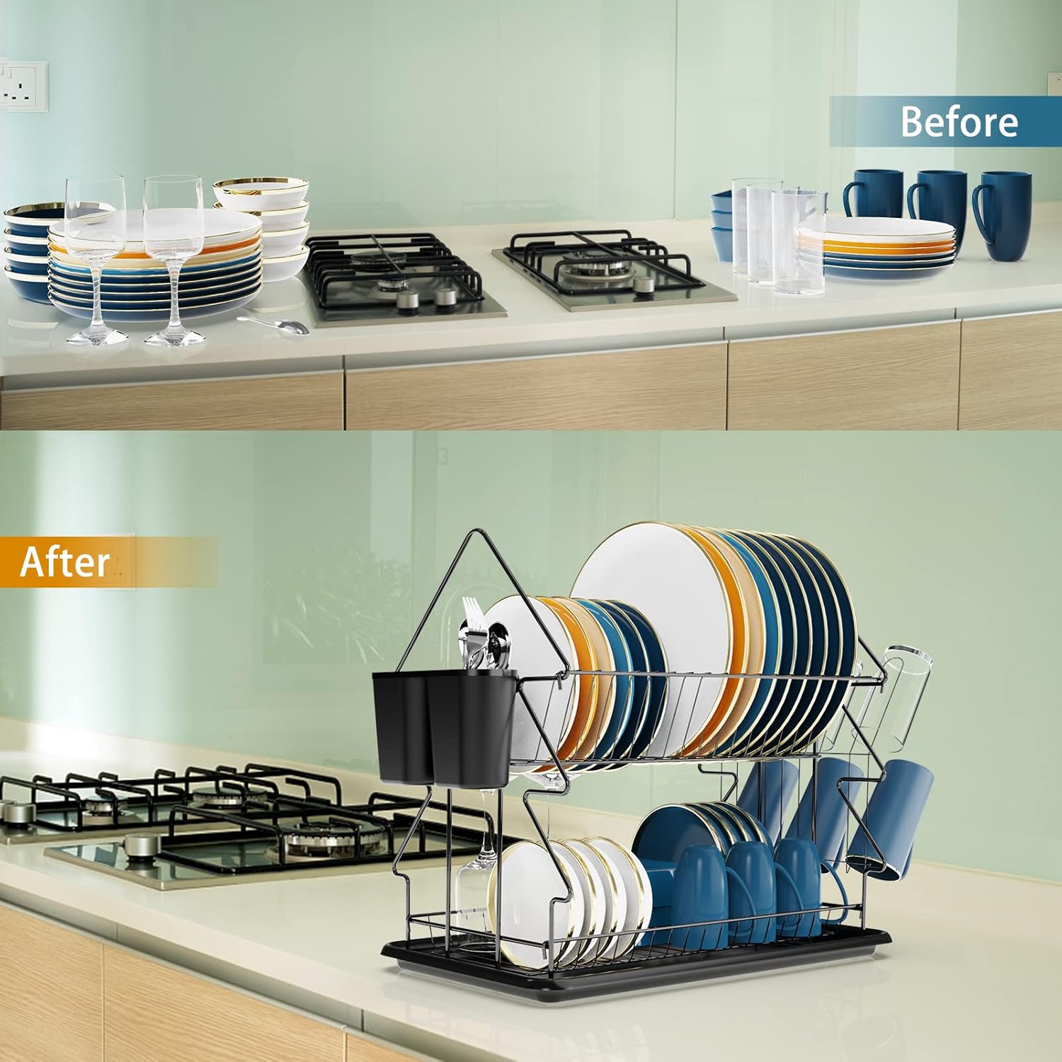 Flow fire 2 Tier Kitchen Dish Drainer Rack with Drip Tray Cutlery