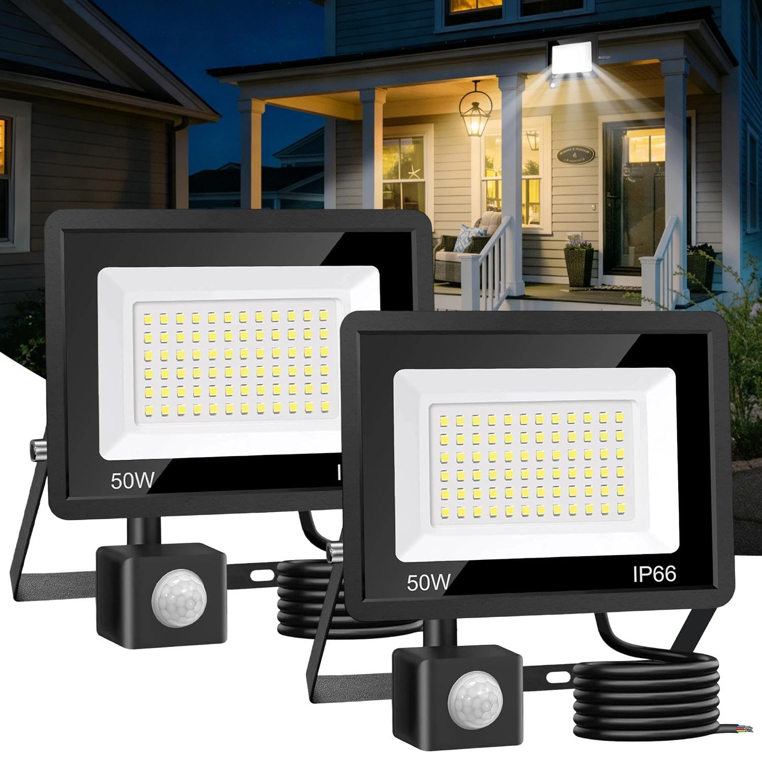 Hoysicy 50W Security Light Outdoor with Motion Sensor, 6500K, 4200LM, LED Floodlight with PIR Sensor, IP66 Waterproof, Super Bright, Ultra Thin for Garage, Porch, Hallway, Stairway (Pack of 2)