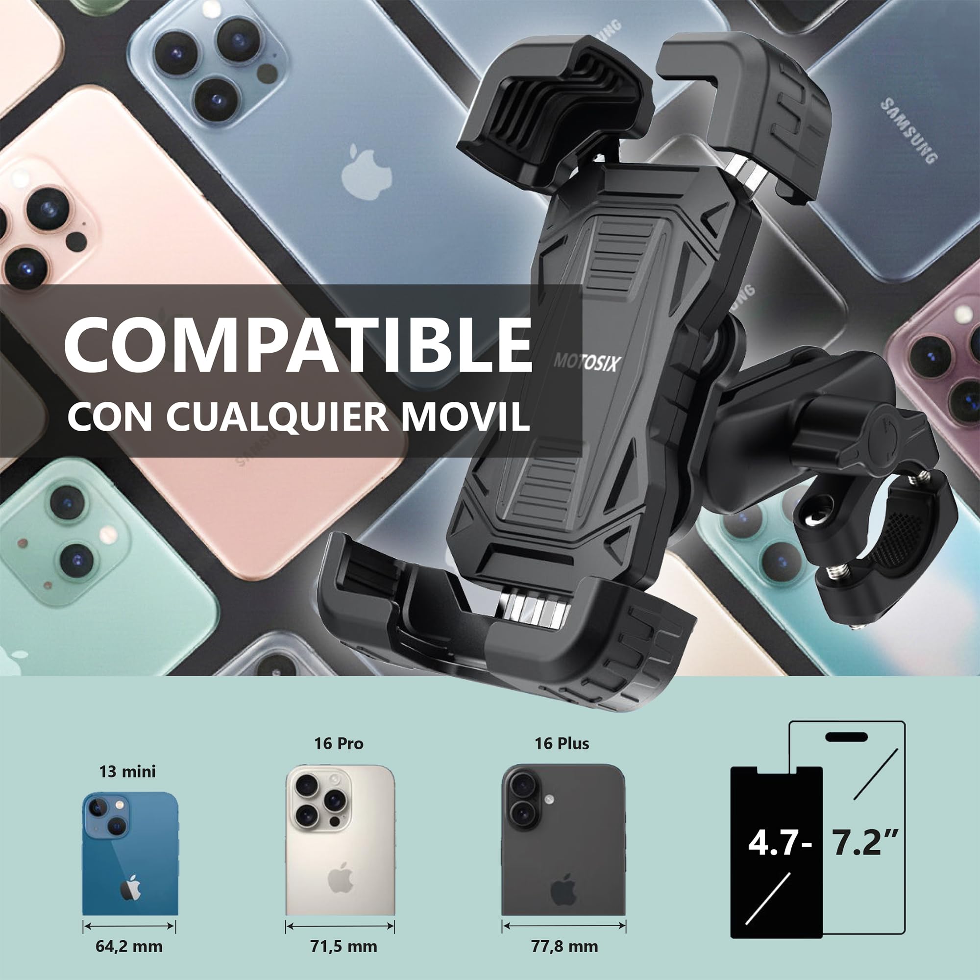 Soporte Móvil Moto Antivibración,ANTIRROBO, Brazo Metálico Extensible 360º.Soporte Móvil Bicicleta Bici Patinete electrico, Motocicleta. Teléfonos de 4,7-7,2'' Todo Tipo de Manillar