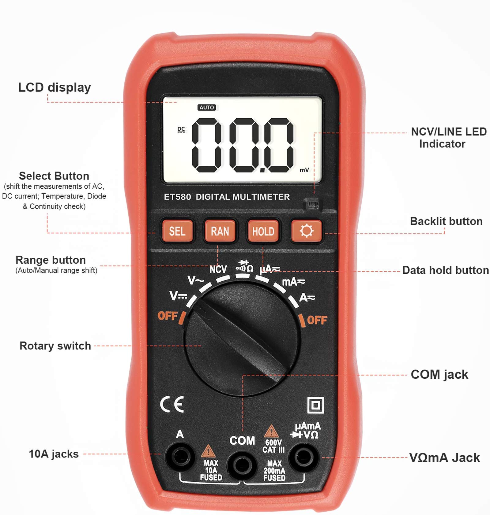 eventek Digital Multimeter, LCD Auto Ranging Multi Meter, Portable